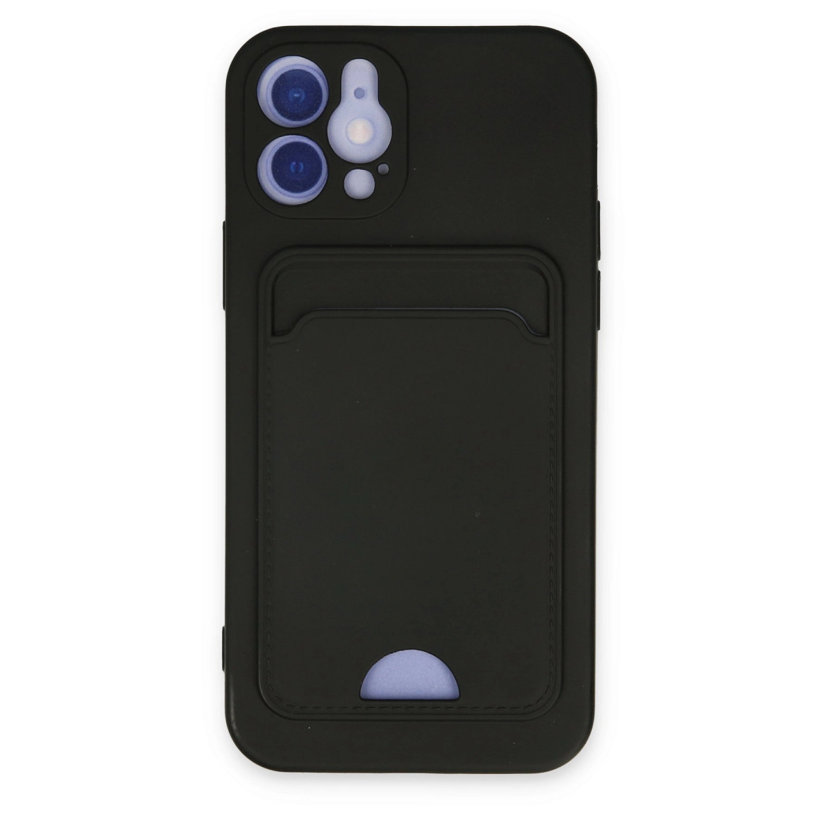 Kart yuvalı ve mavi kesimli siyah iPhone kılıfı.
