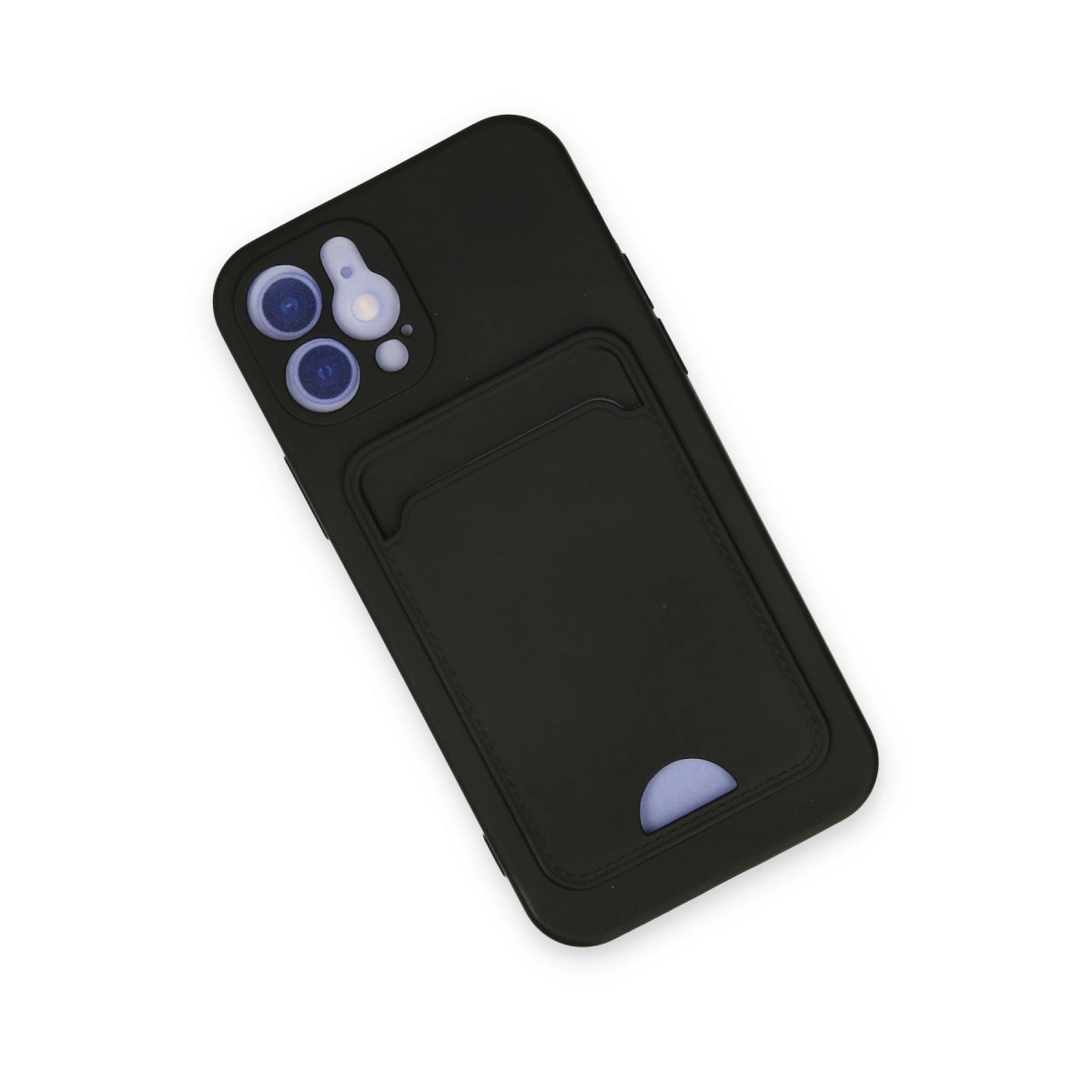 Kart tutuculu ve üç kamera lensli siyah telefon kılıfı.