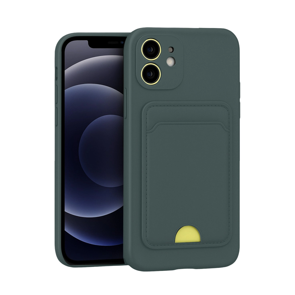Koyu yeşil telefon kılıfı, kart yuvası ve sarı detaylı, akıllı telefon yanında.
