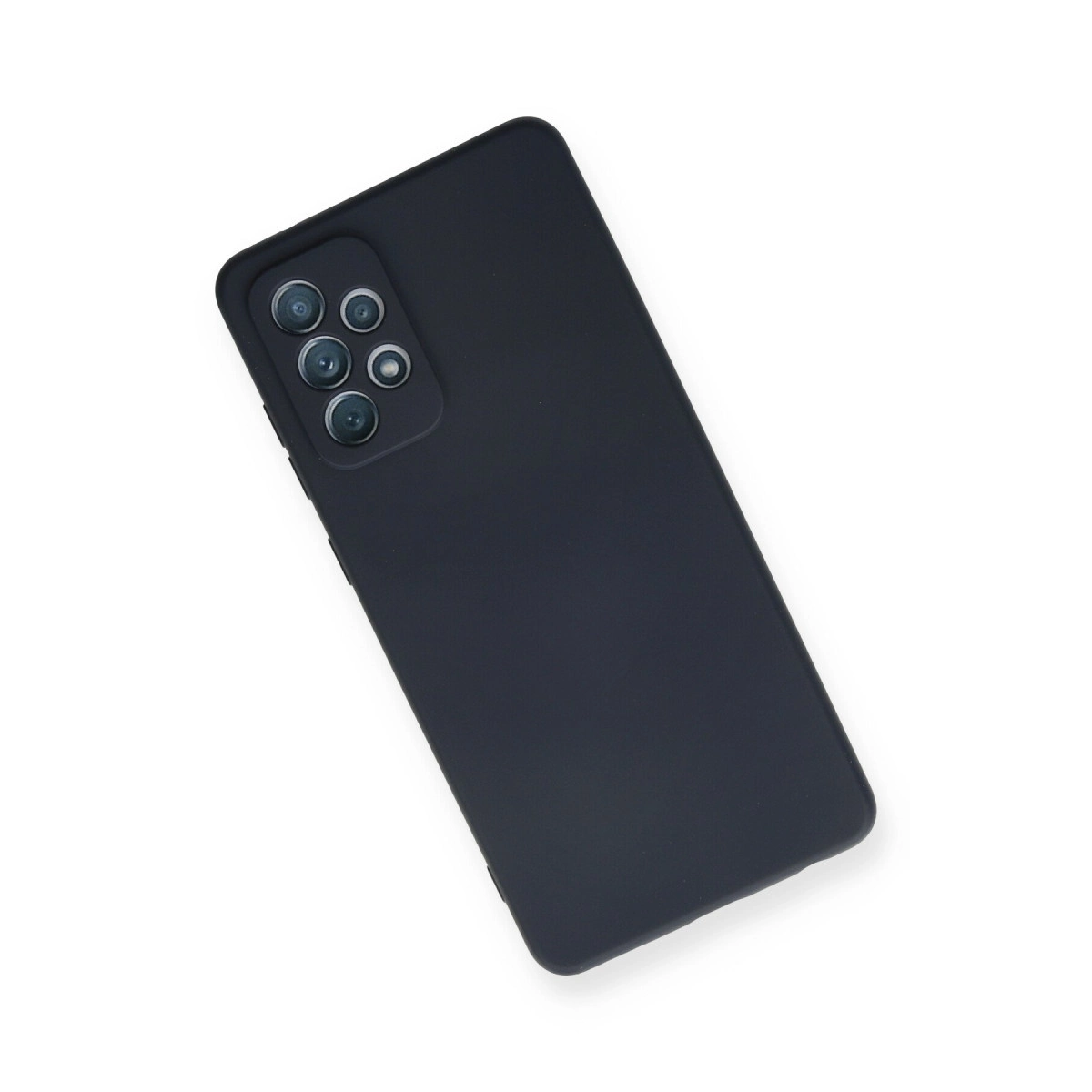 Dört kameralı koyu gri telefon, beyaz arka plan üzerinde.