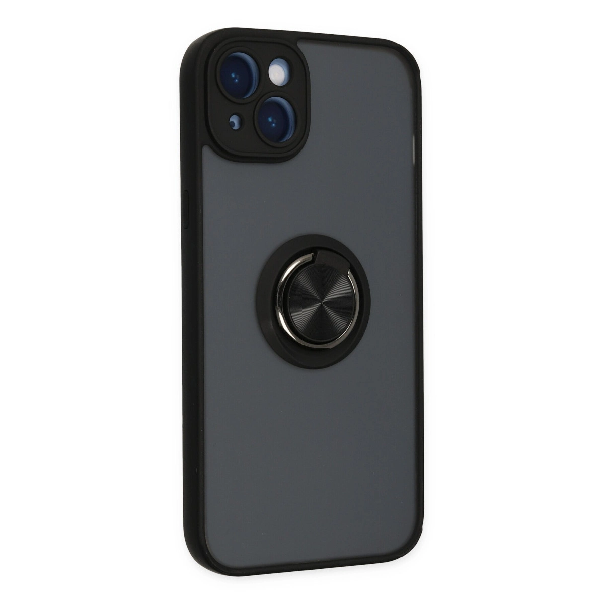 Halka tutuculu ve üçlü kameraya sahip koyu gri iPhone kılıfı.