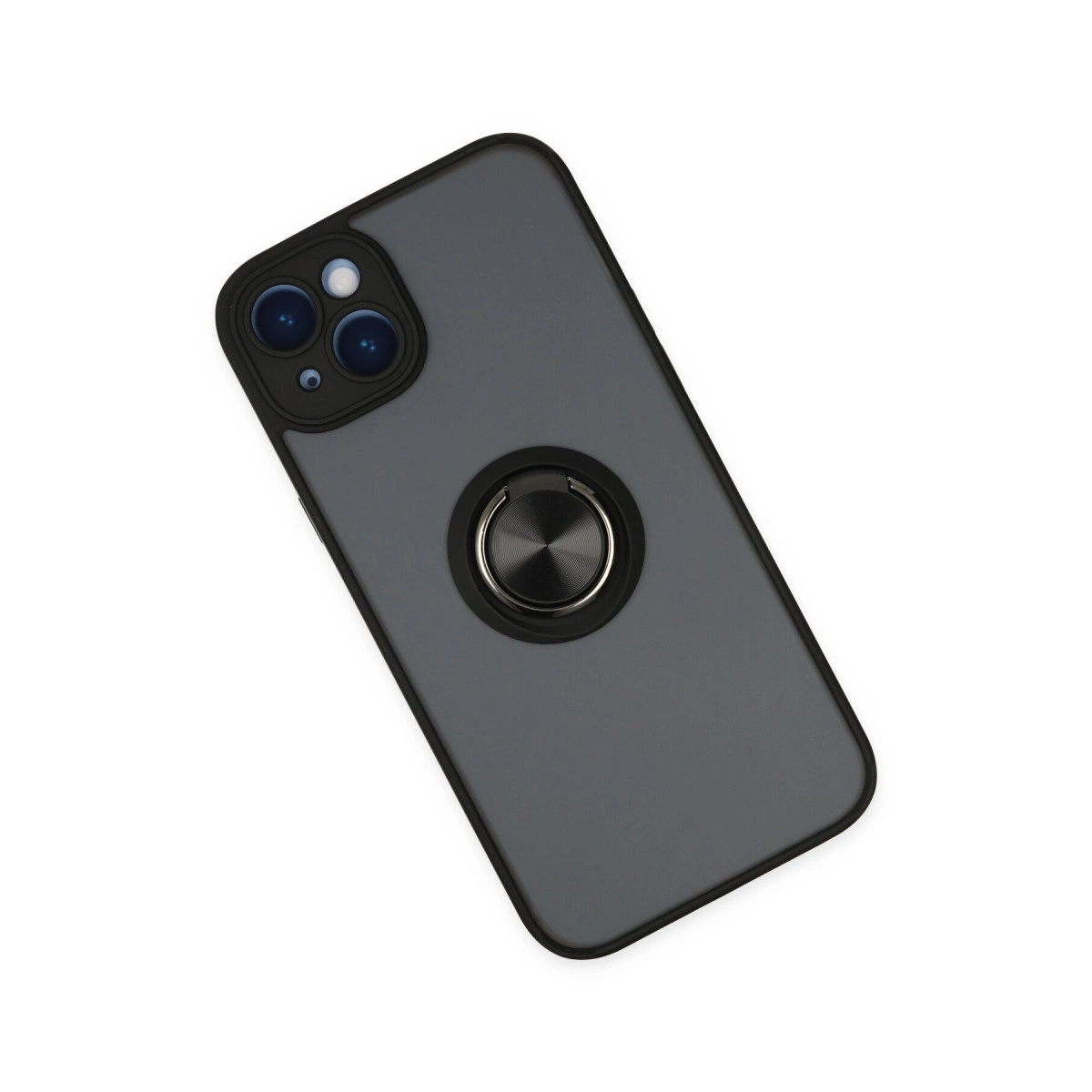 Beyaz arka plan üzerinde halka tutuculu ve kamera lensli gri telefon kılıfı.