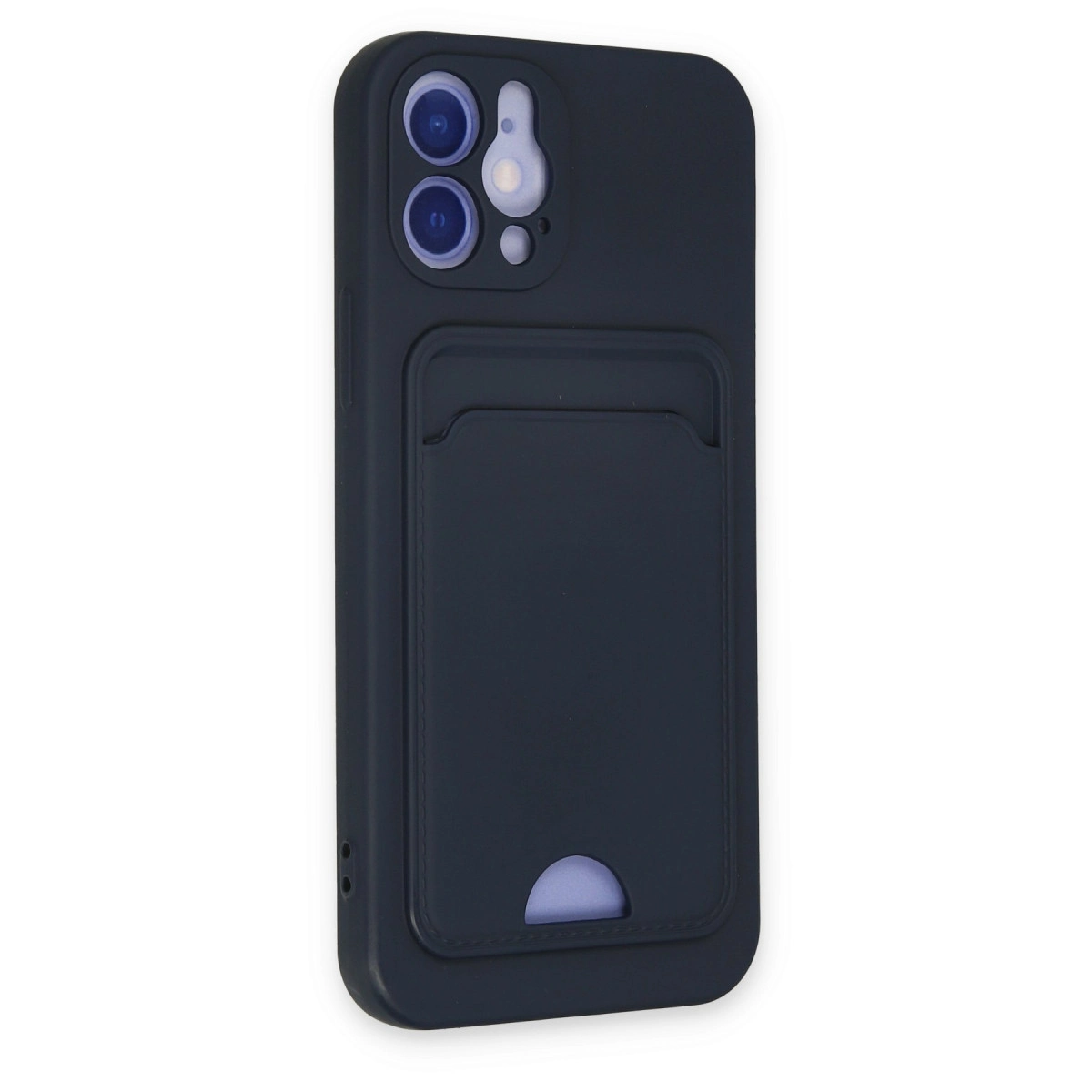 Koyu gri telefon kılıfı, kart yuvası ve kamera kesimi.