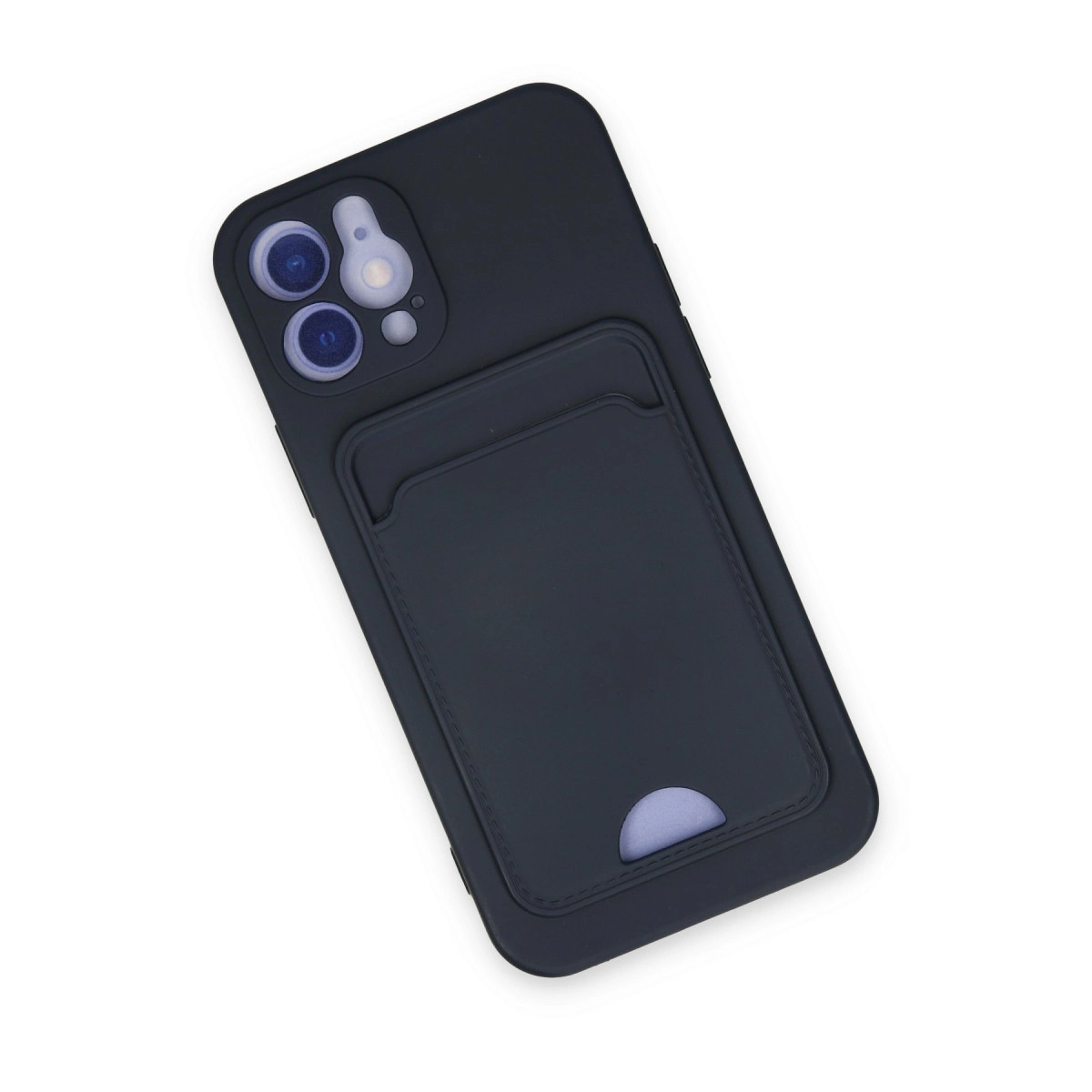 Kart tutuculu ve üç kamera lensli koyu gri telefon kılıfı.