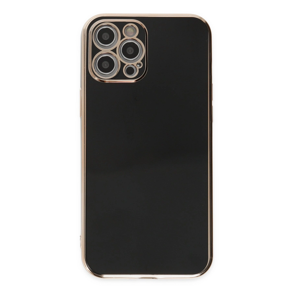 Altın çerçeveli ve kamera modüllü siyah telefon kılıfı.
