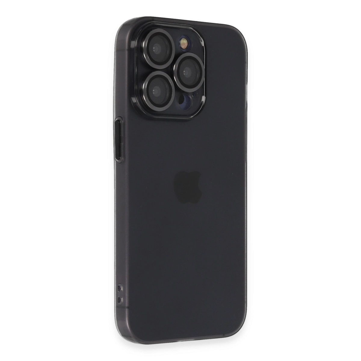 Üç kamera lensi ve Apple logosuna sahip koyu renkli iPhone'un arkası.