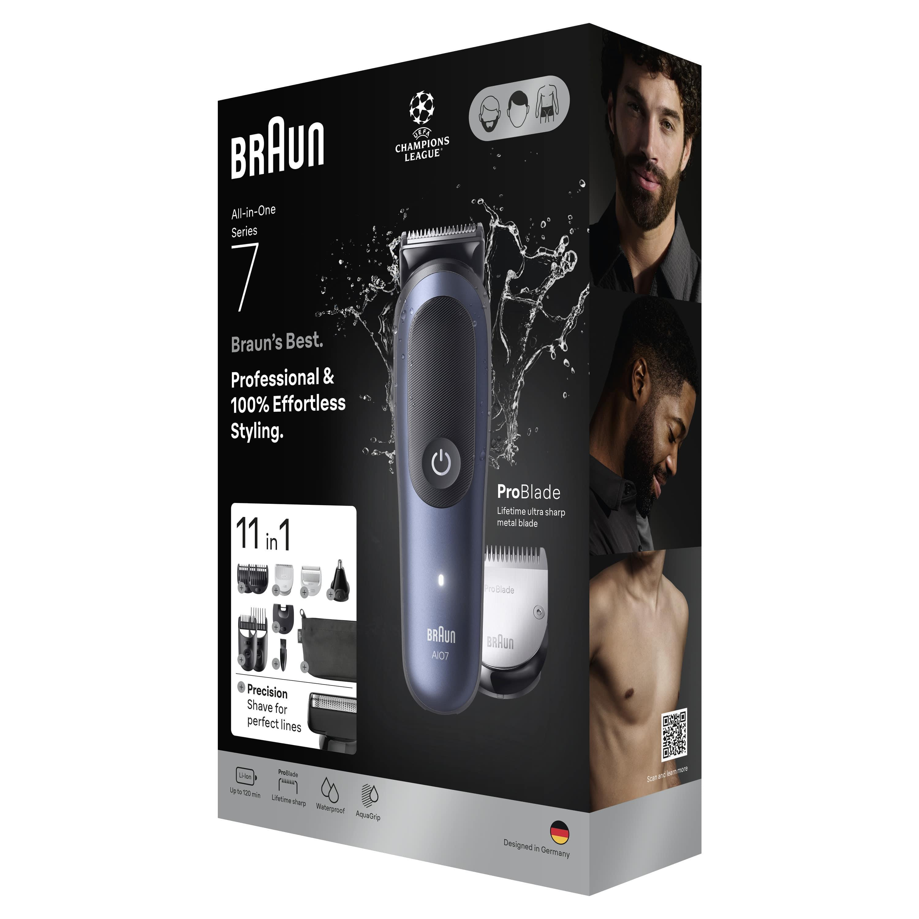 Braun Series 7 Trimmer-Verpackung mit Bild eines Trimmers, Zubehör und Männern.