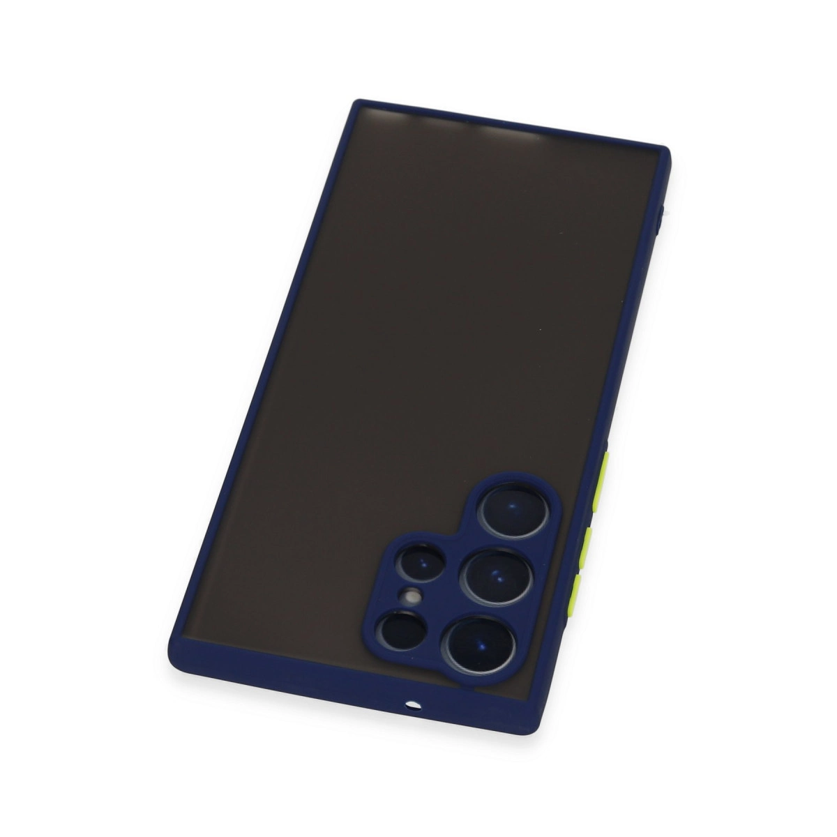 Kamera kesimli lacivert telefon kılıfı, beyaz arka plan üzerinde.