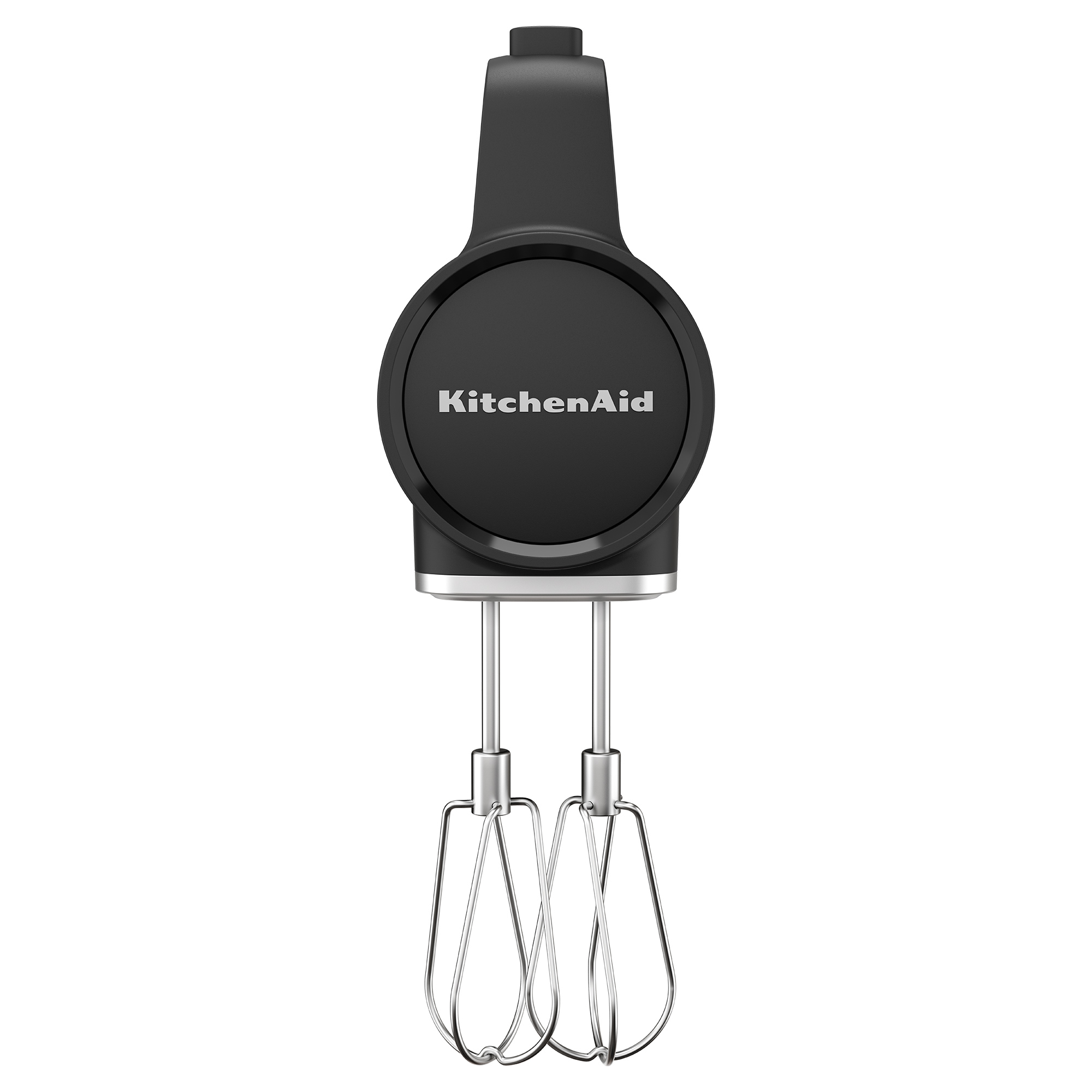 Gümüş çırpıcıları olan siyah KitchenAid el mikseri, beyaz arka planda.