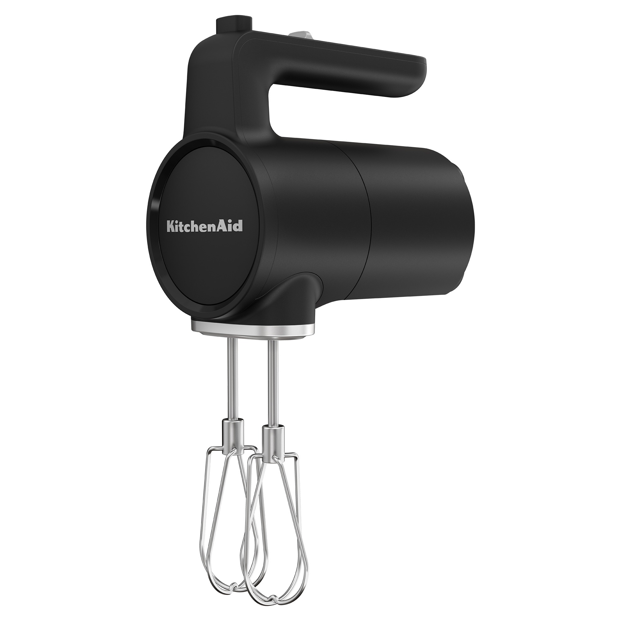 Gümüş çırpıcılı siyah KitchenAid el mikseri, beyaz arka plan üzerinde.