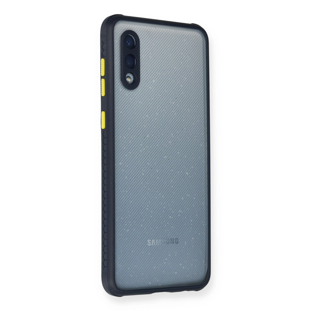 Kameralı ve sarı düğmeli gri Samsung telefon kılıfı.