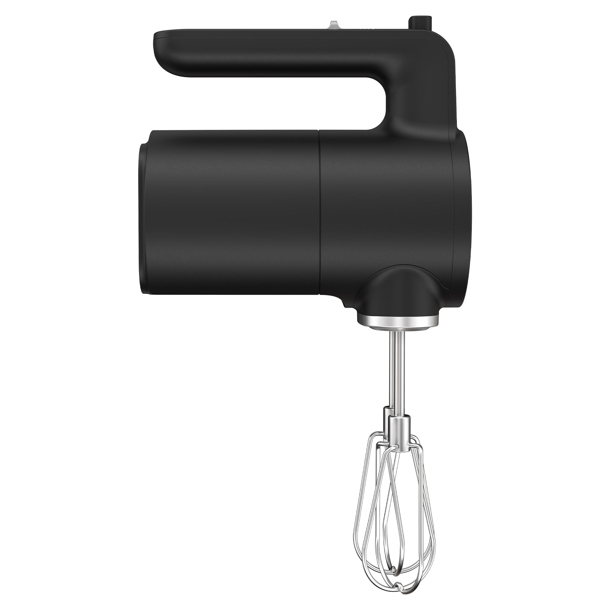 Gümüş çırpıcıları olan siyah el mikseri beyaz arka planda.