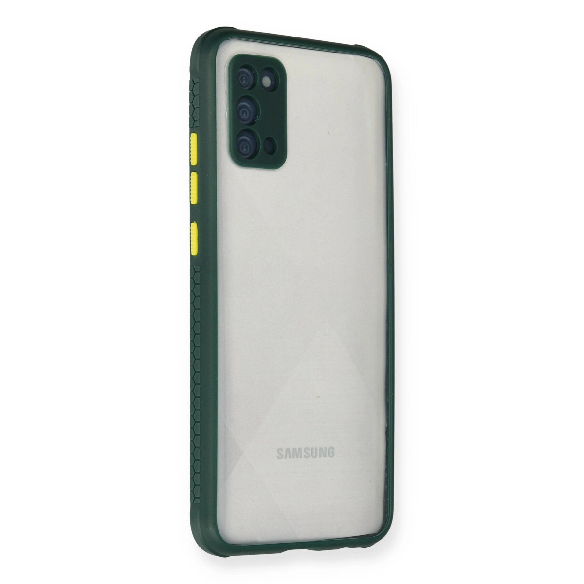 Şeffaf arkalı ve kamera oyuntulu koyu yeşil telefon kılıfı.