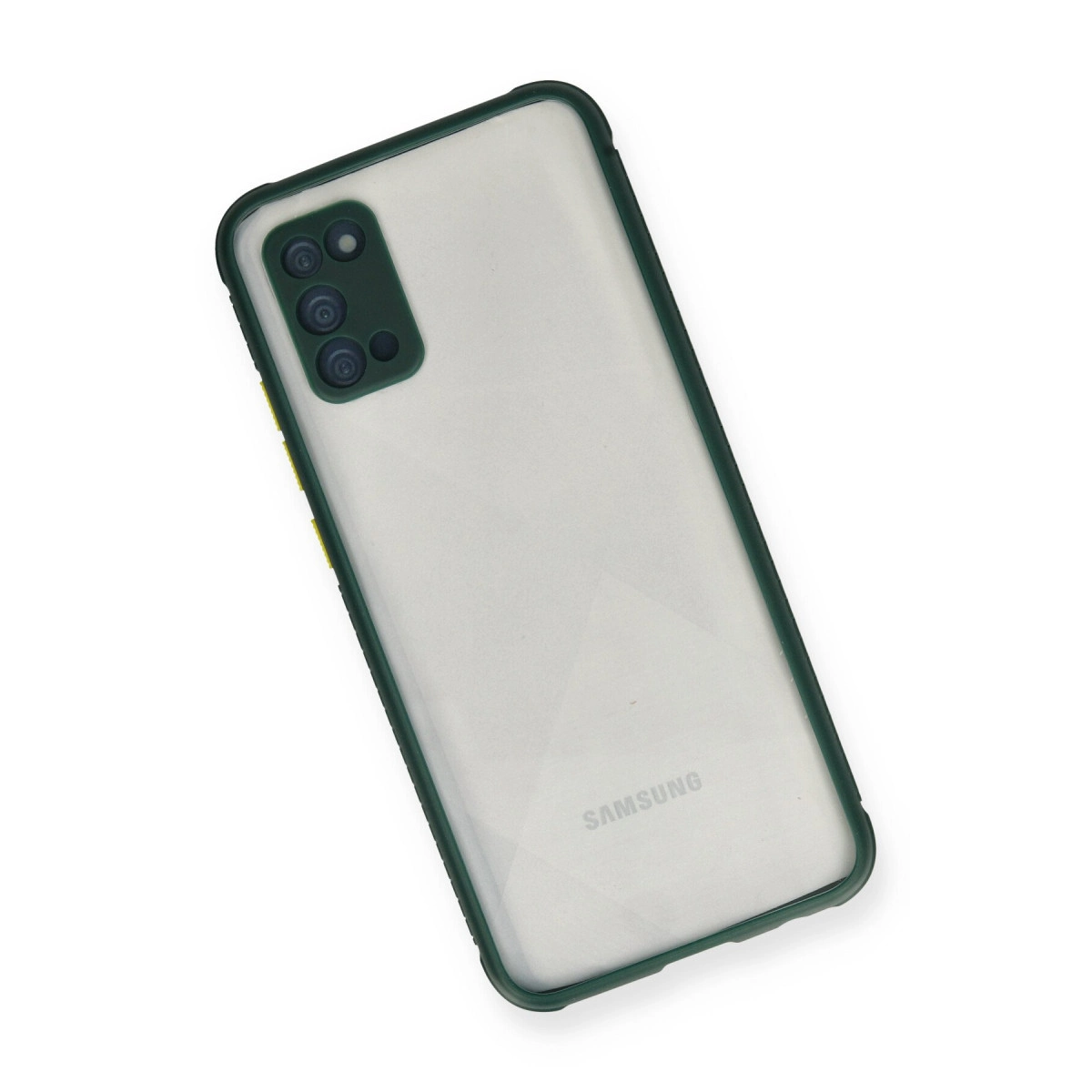 Koyu çerçeveli ve kamera lensli şeffaf telefon kılıfı.