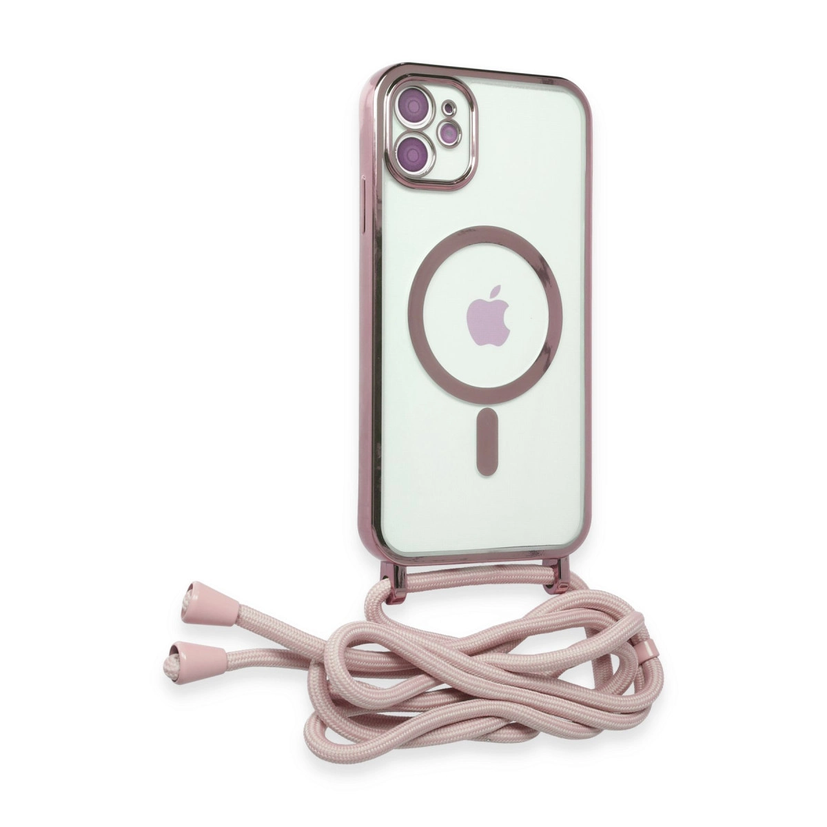 Rose altın kenarlı ve pembe kordonlu şeffaf telefon kılıfı.