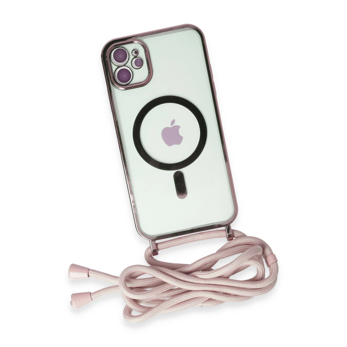 Açık yeşil iPhone, MagSafe halkası ve pembe kordonuyla beyaz zeminde.