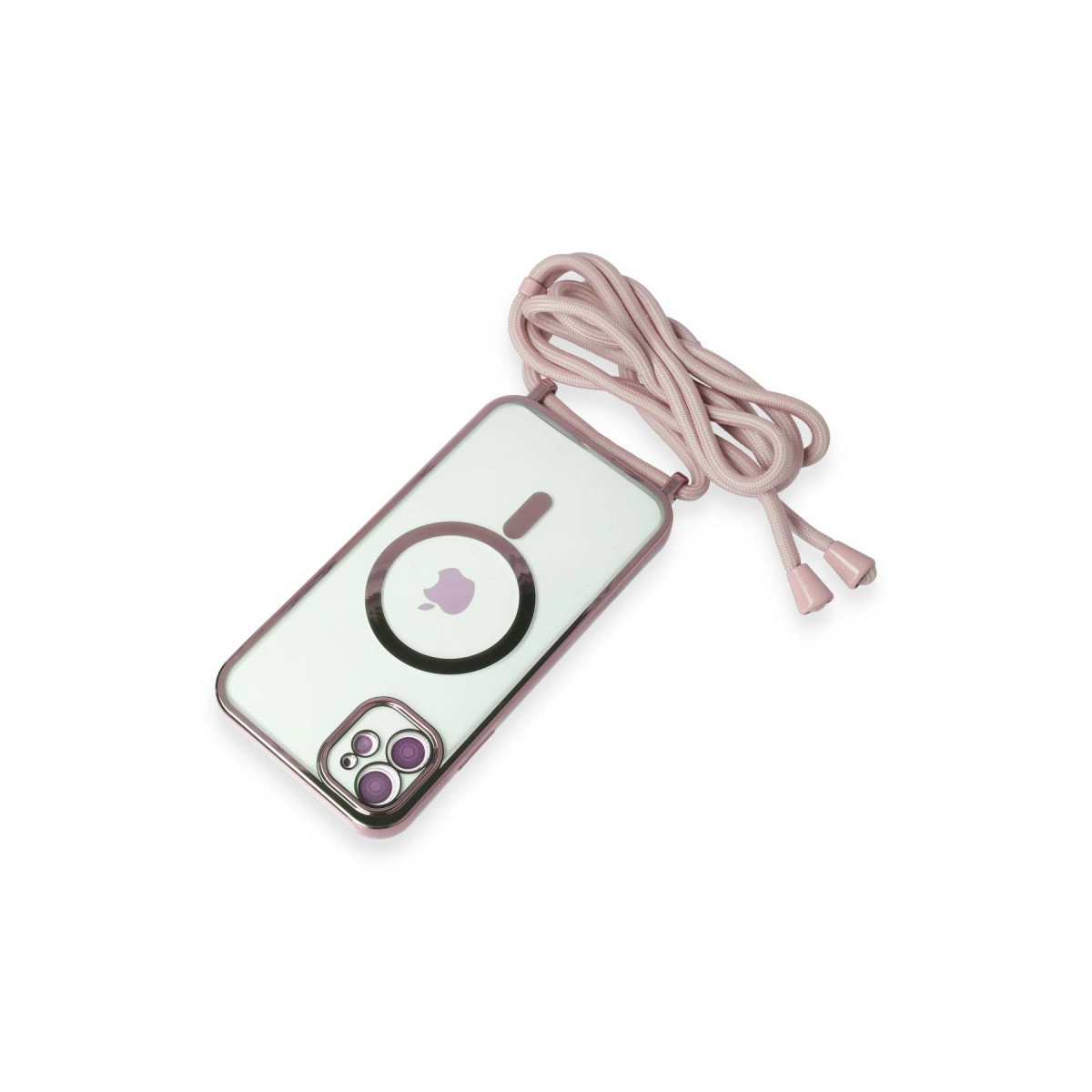 Pembe kordonlu şeffaf telefon kılıfı, Apple logosu ve kamera dizilimi.