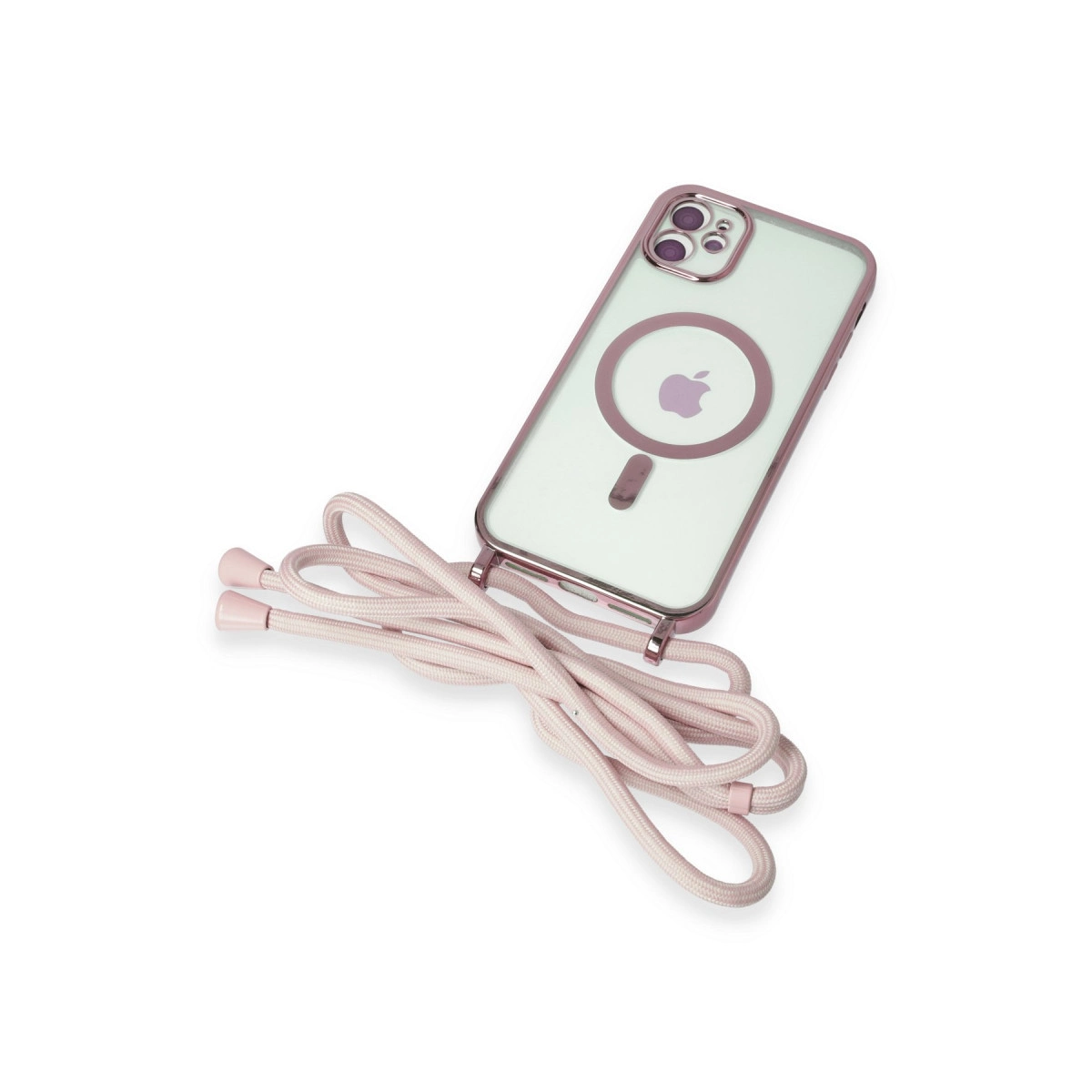 Gül altın kenarlı ve pembe askılı şeffaf telefon kılıfı.