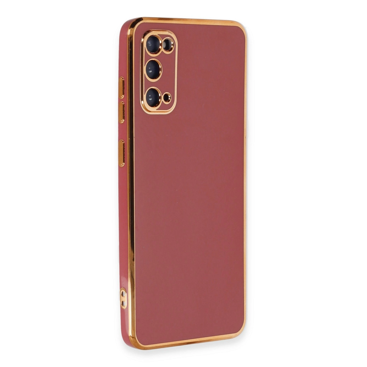 Altın çerçeveli ve kamera kesimli, gül rengi telefon kılıfı.
