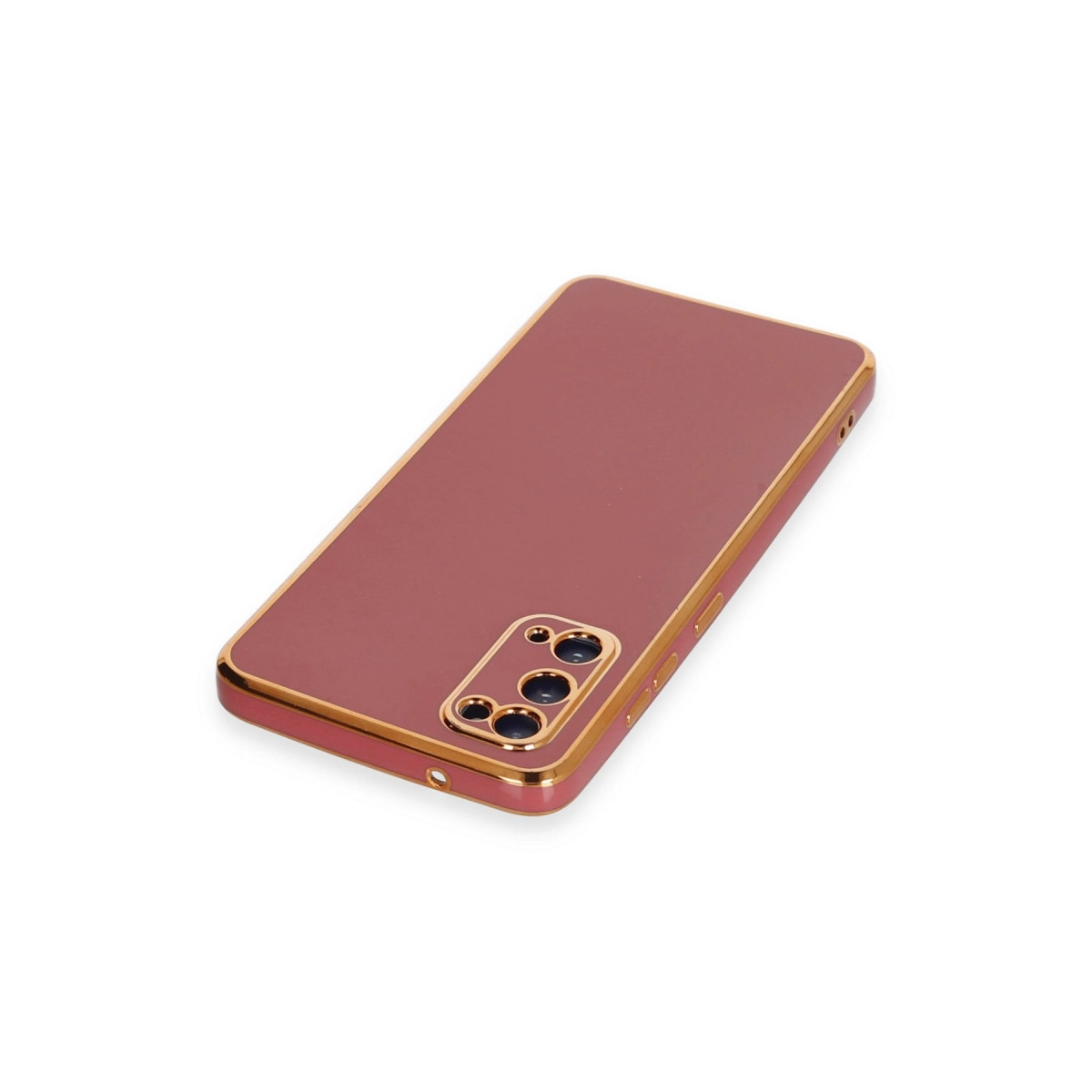 Altın kenarlı ve kamera setli, gül rengi telefon kılıfı.