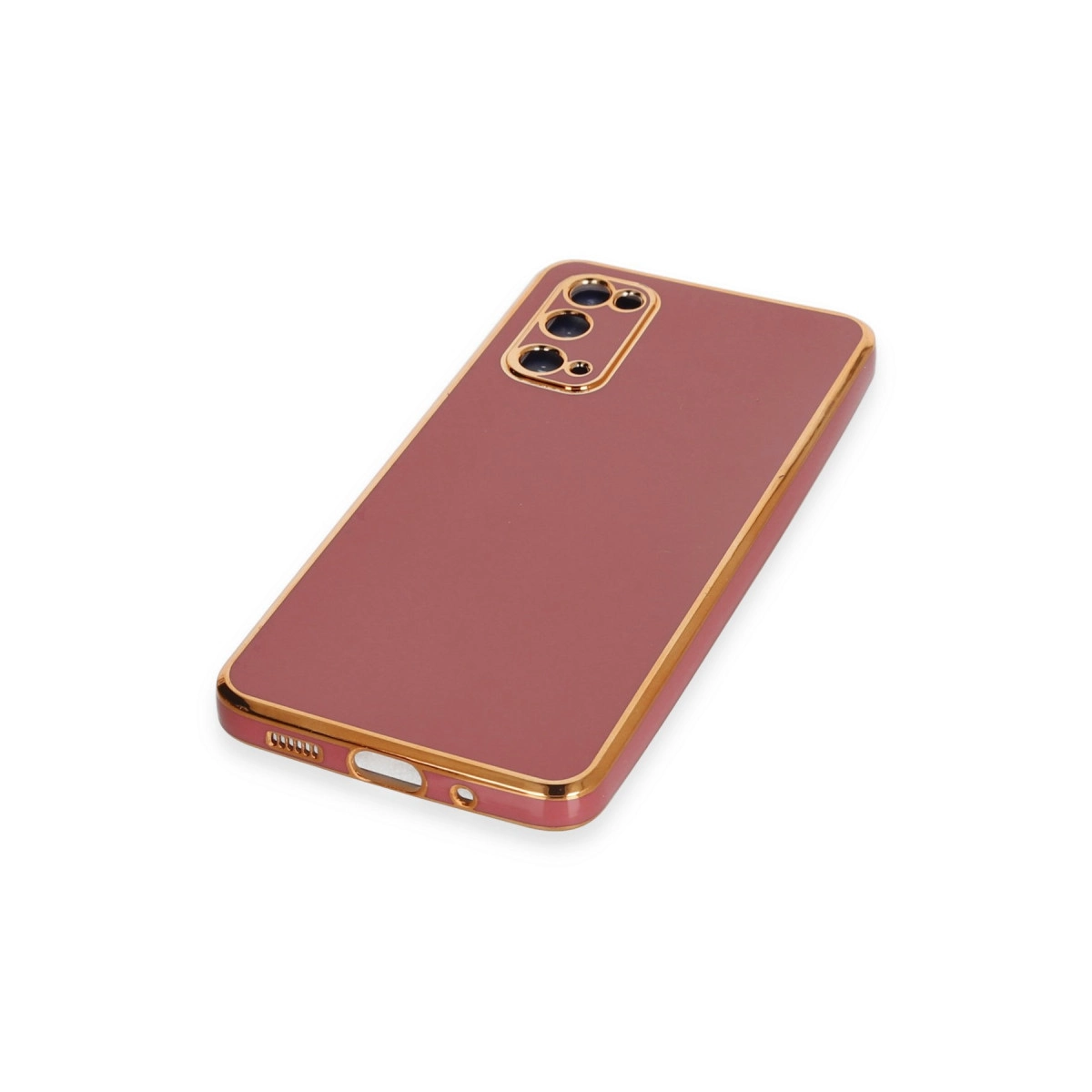 Altın kenarlı ve kamera kesimli, pembe renkli telefon kılıfı.