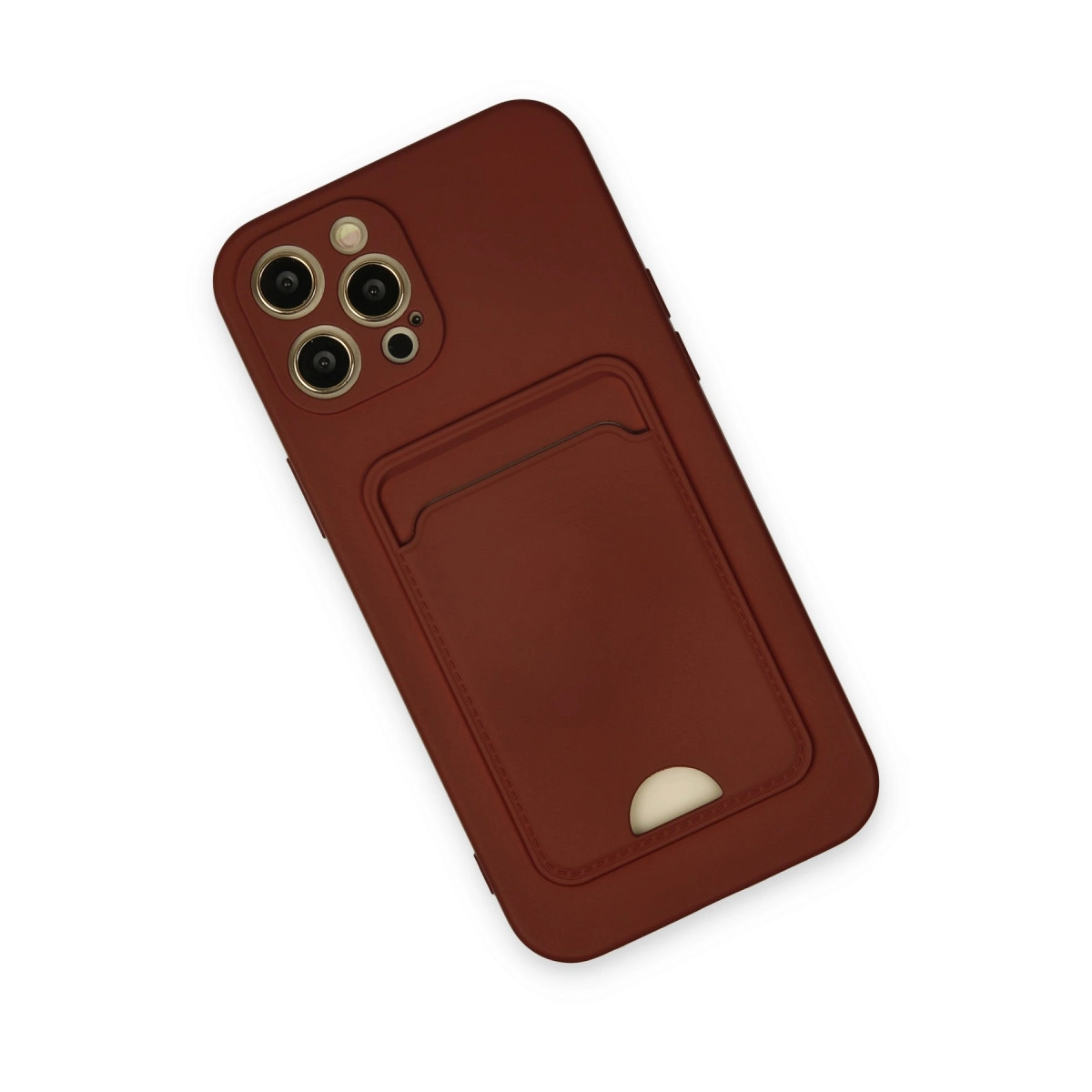 Kart tutuculu ve kamera kesimli kahverengi telefon kılıfı.