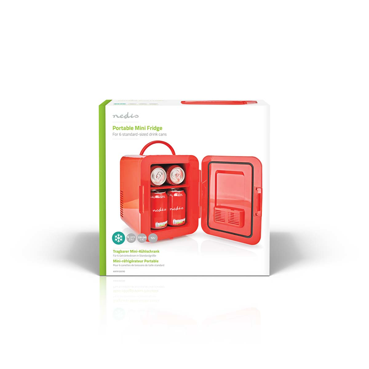 Mini frigo rosso Nedis con porta aperta, con quattro lattine e maniglia.