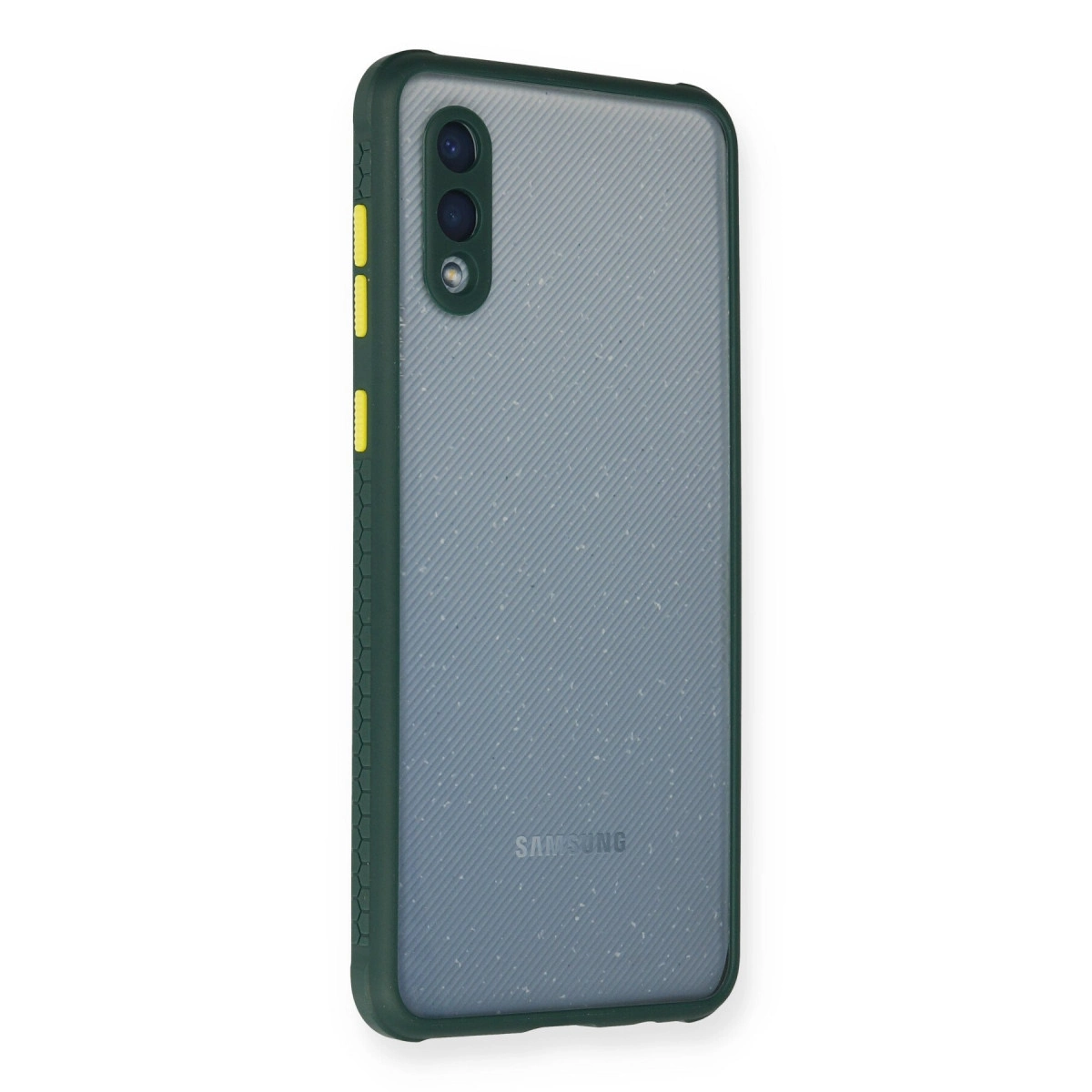 Mavi, dokulu arka ve kamera kesimli koyu yeşil telefon kılıfı.