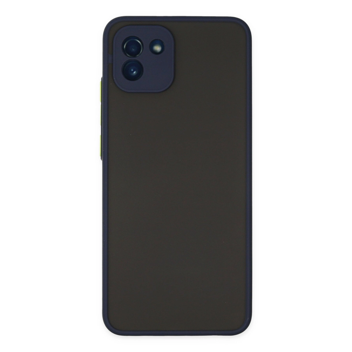 İki lensli mavi kamera modülüne sahip koyu gri telefon.