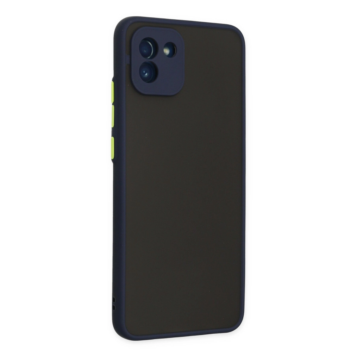 Mavi kenarlı, koyu gri telefon kılıfı ve görünür kamera lensi.