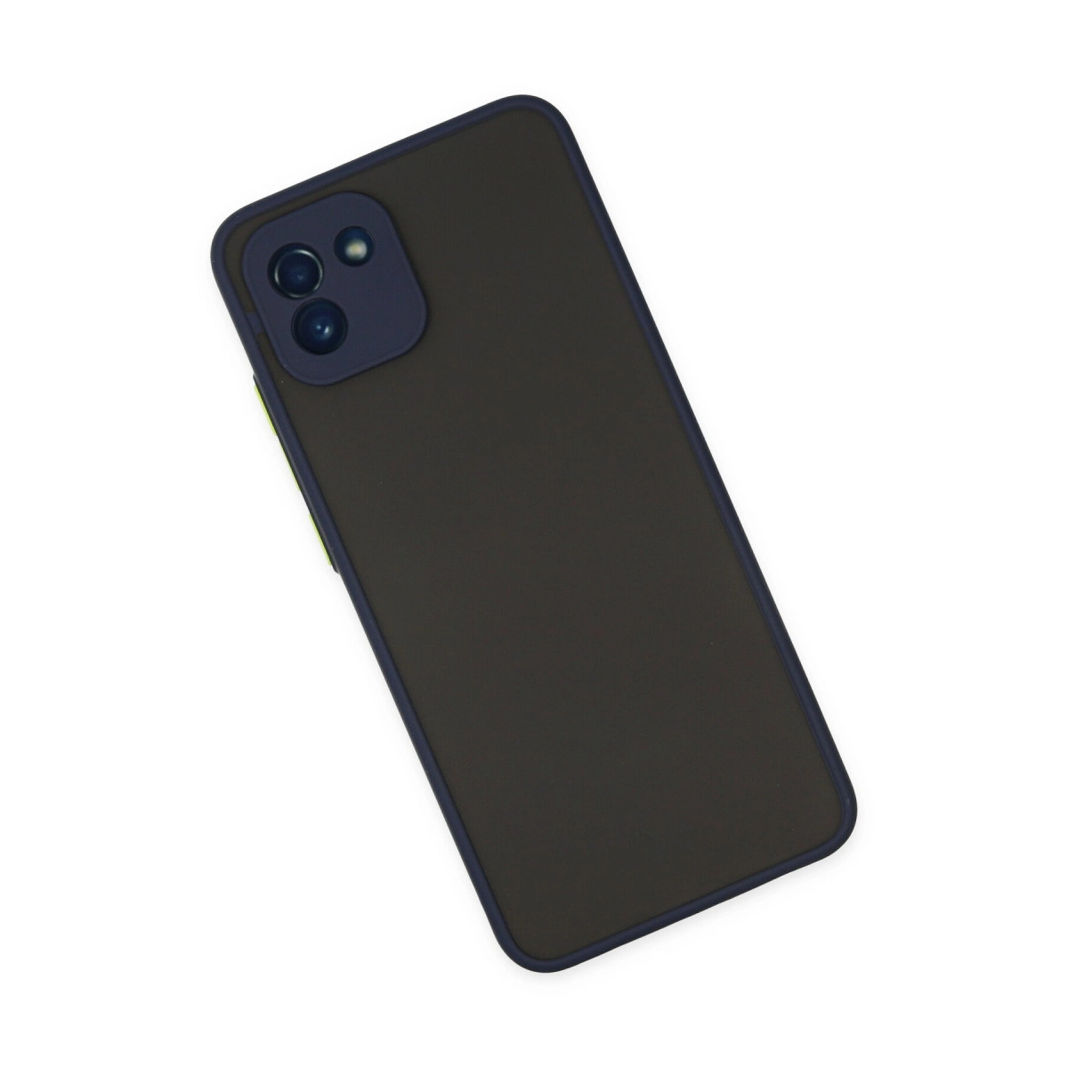 Beyaz arka plan üzerinde mavi kamera çerçeveli ve sarı vurgulu koyu gri telefon.