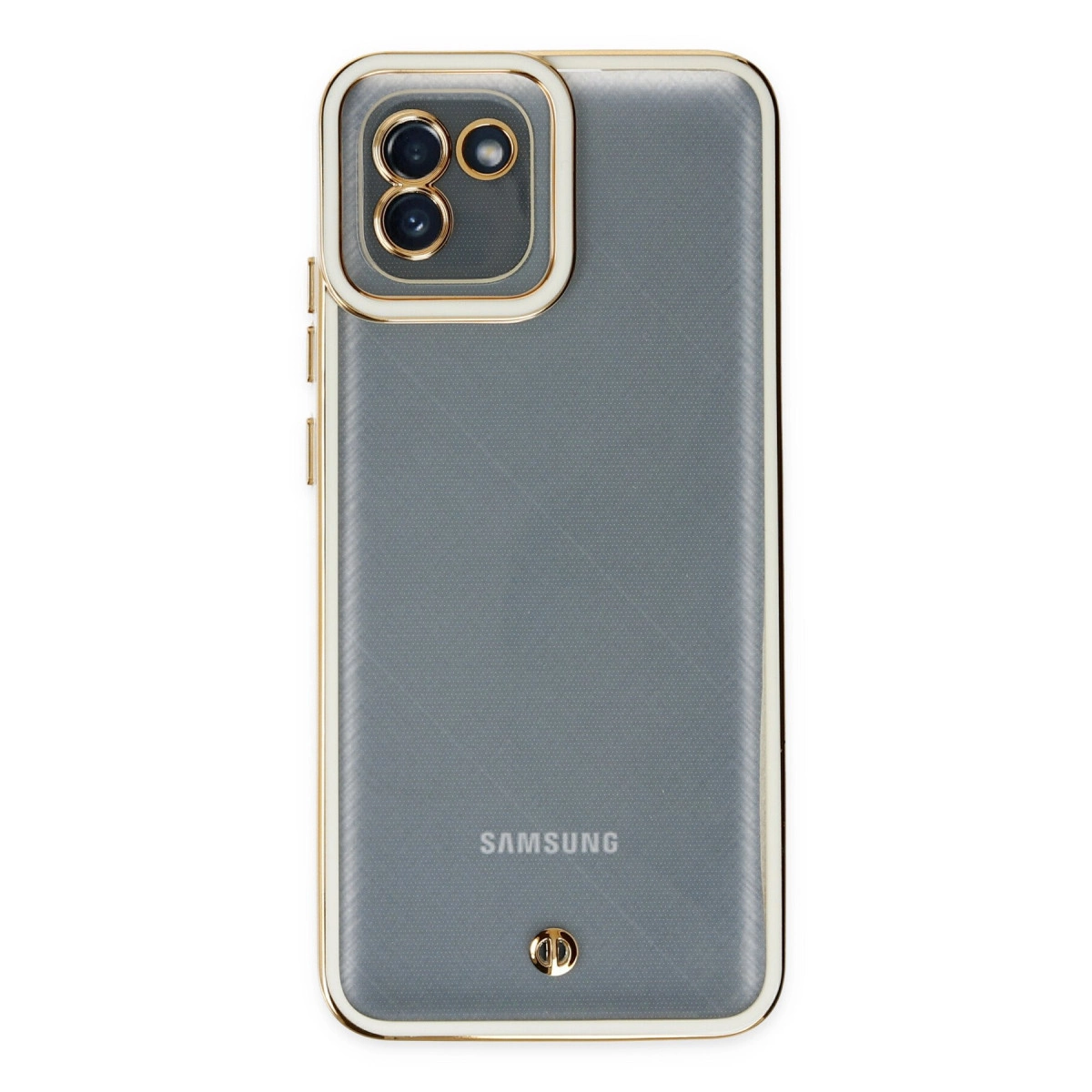 Kamera adacıklı, altın çerçeveli gri telefon kılıfı. Altta Samsung logosu.