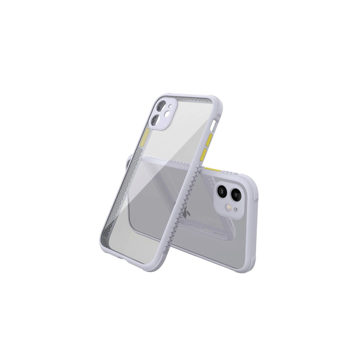 Beyaz ve sarı vurgulu iki şeffaf telefon kılıfı, beyaz arka plan üzerinde.