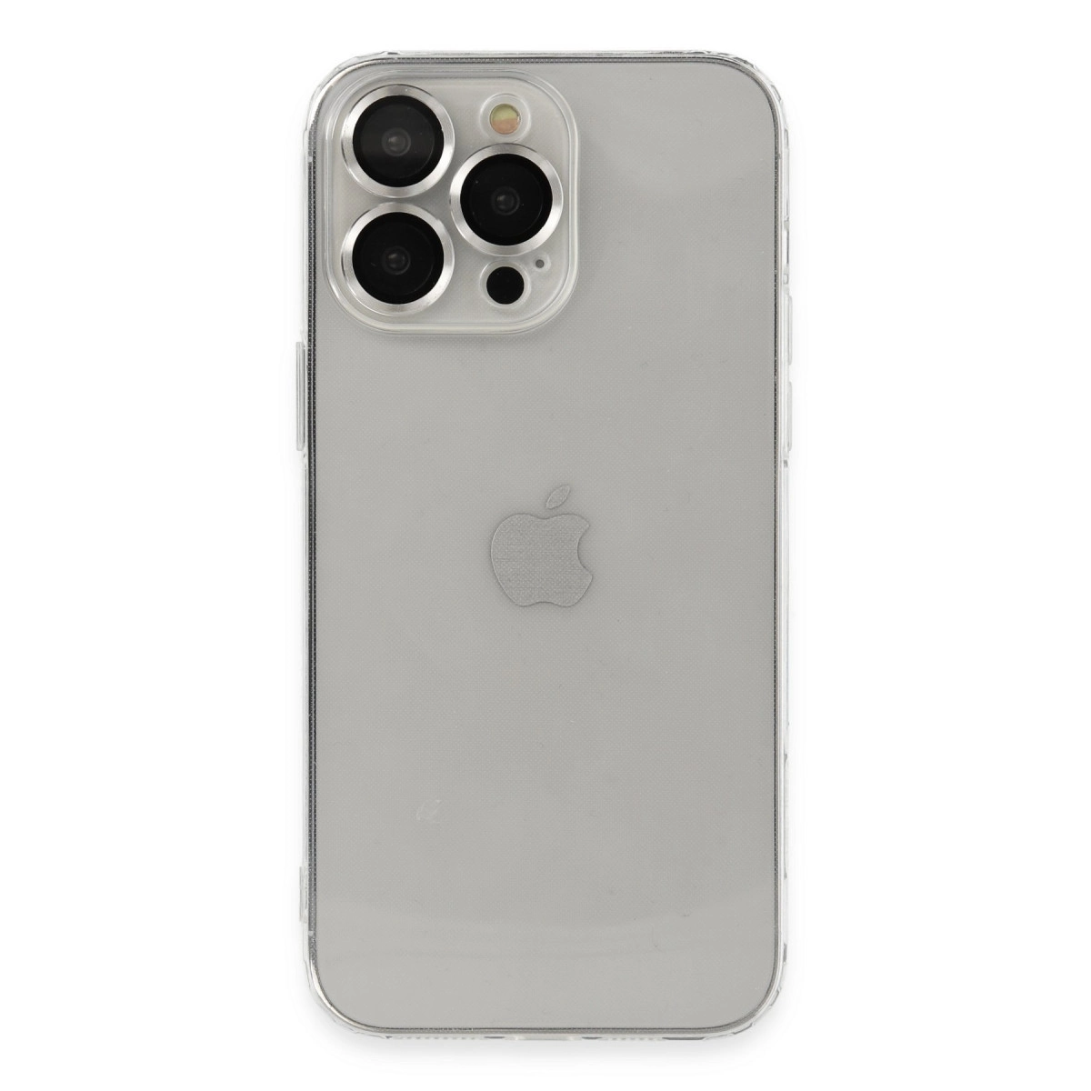 Kamera lensleri ve Apple logosunu gösteren şeffaf iPhone'un arkası.