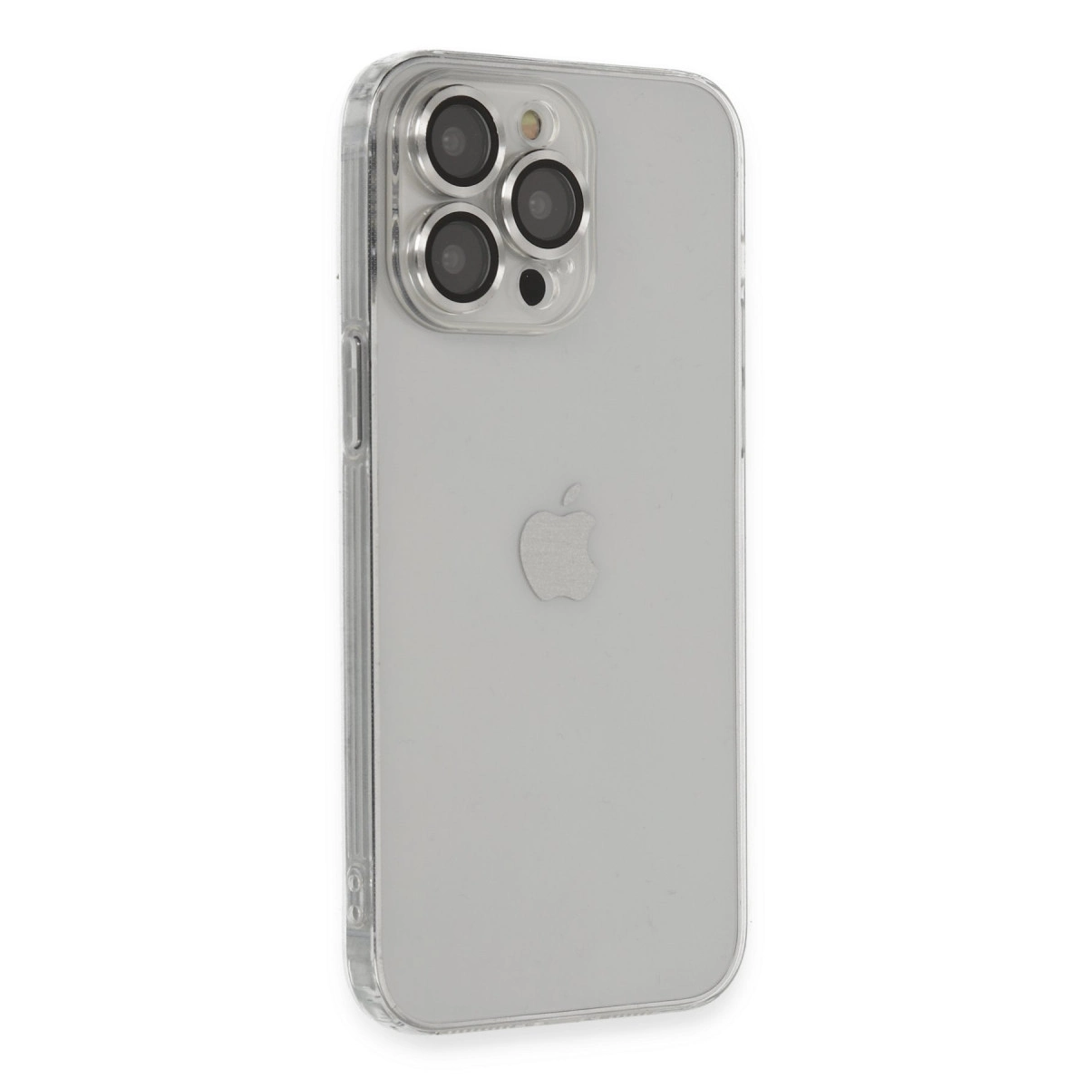 Üç kamera lensi ve Apple logosu olan şeffaf telefon kılıfı.