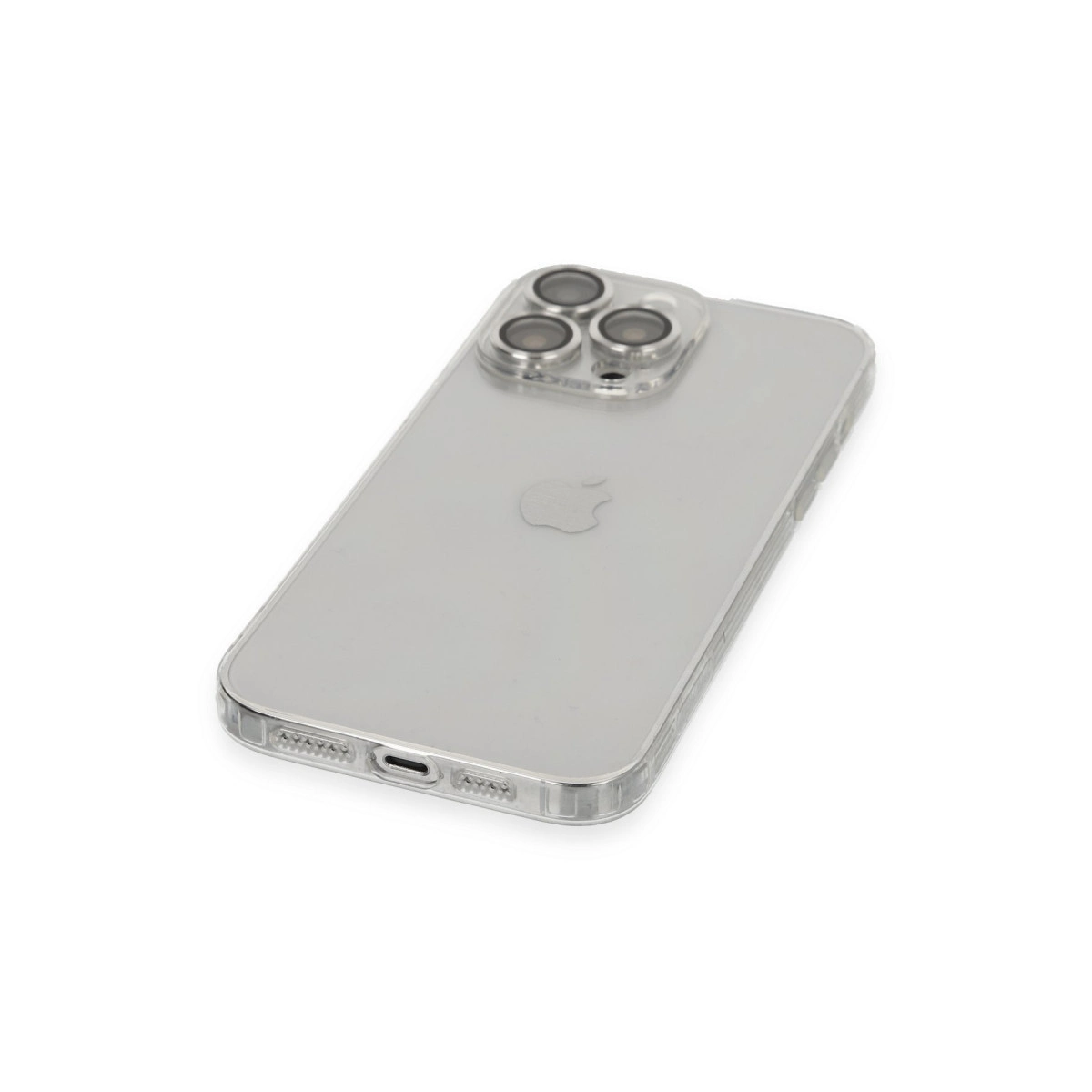 Beyaz arka plan üzerinde iPhone logosu olan şeffaf telefon kılıfı.
