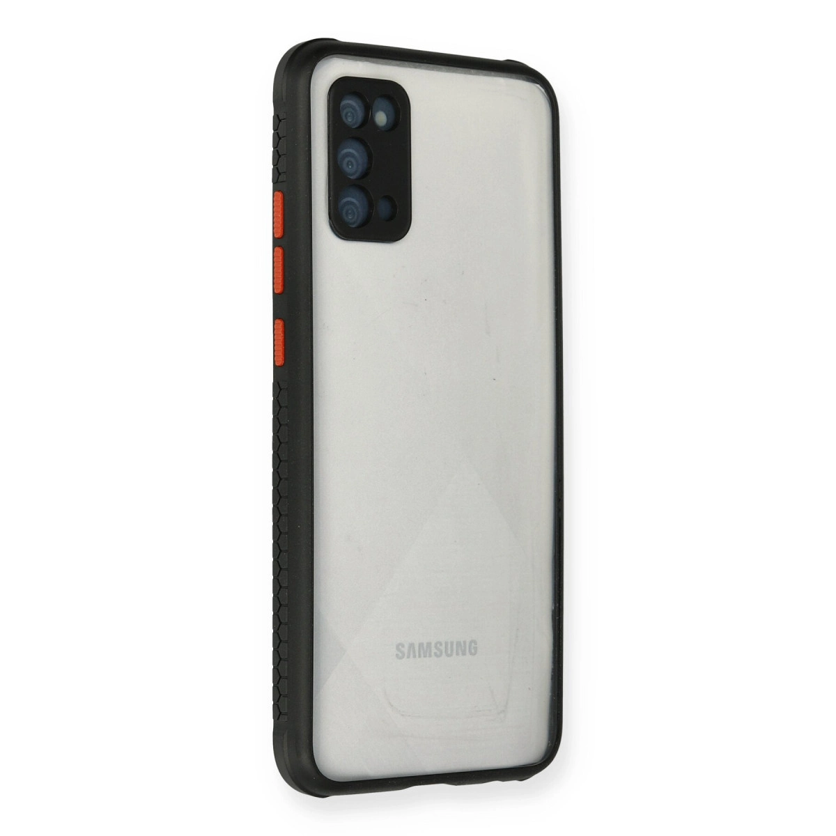 Üç kameralı, şeffaf arka yüzlü siyah telefon kılıfı.