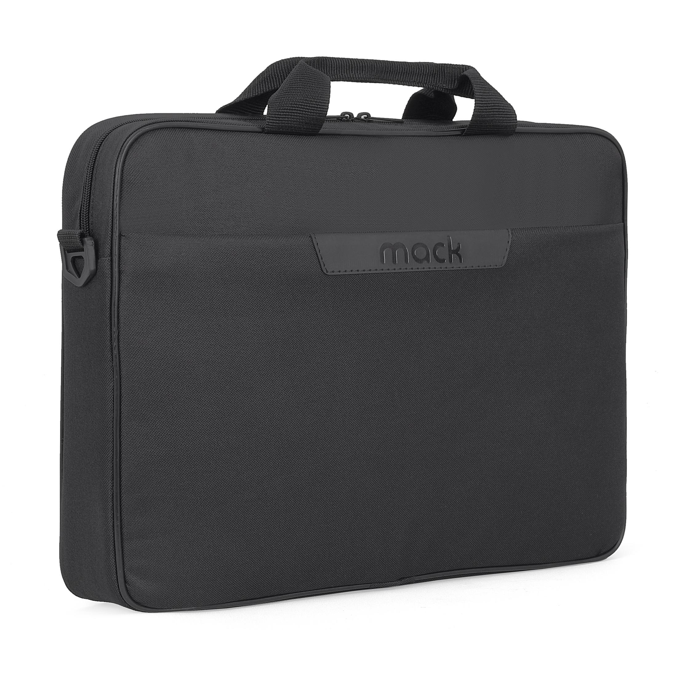 Siyah laptop çantası, kulplu ve fermuarlı. 'mack' marka adı görünüyor.
