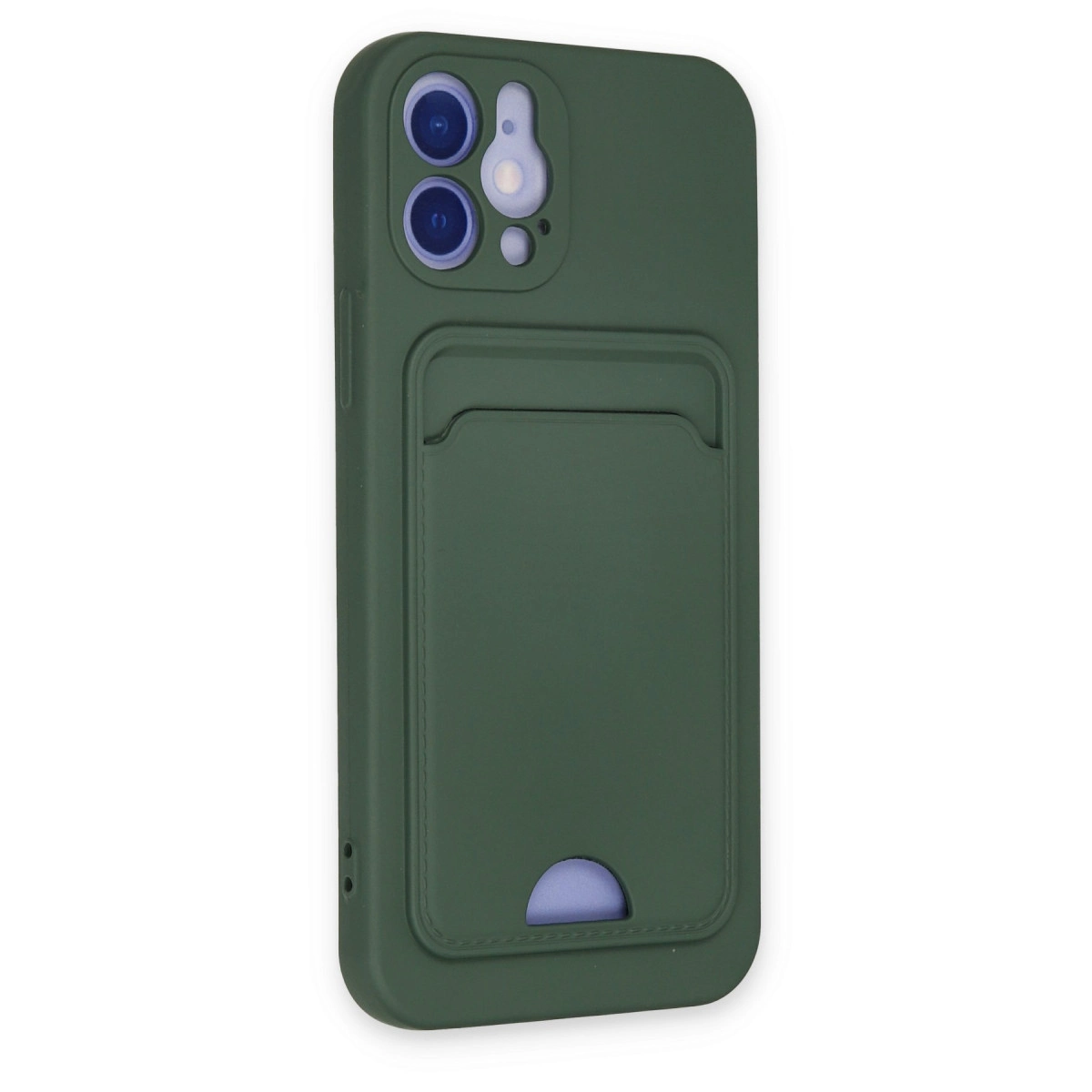 Koyu yeşil telefon kılıfı, kartlık ve kamera kesimi bulunur.