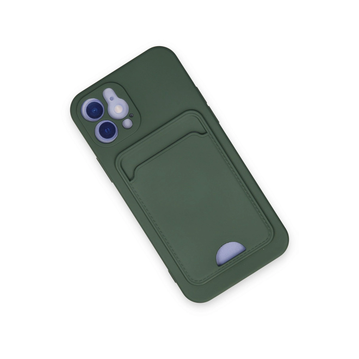 Koyu yeşil telefon kılıfı, kartlık ve üç kamera lensi.