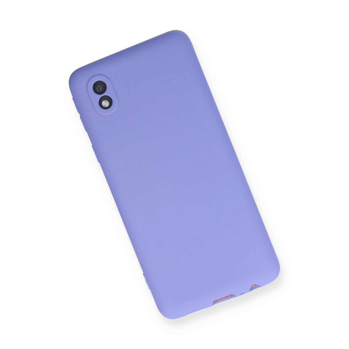 Beyaz arka plan üzerinde iki kameralı lavanta rengi telefon kılıfı.
