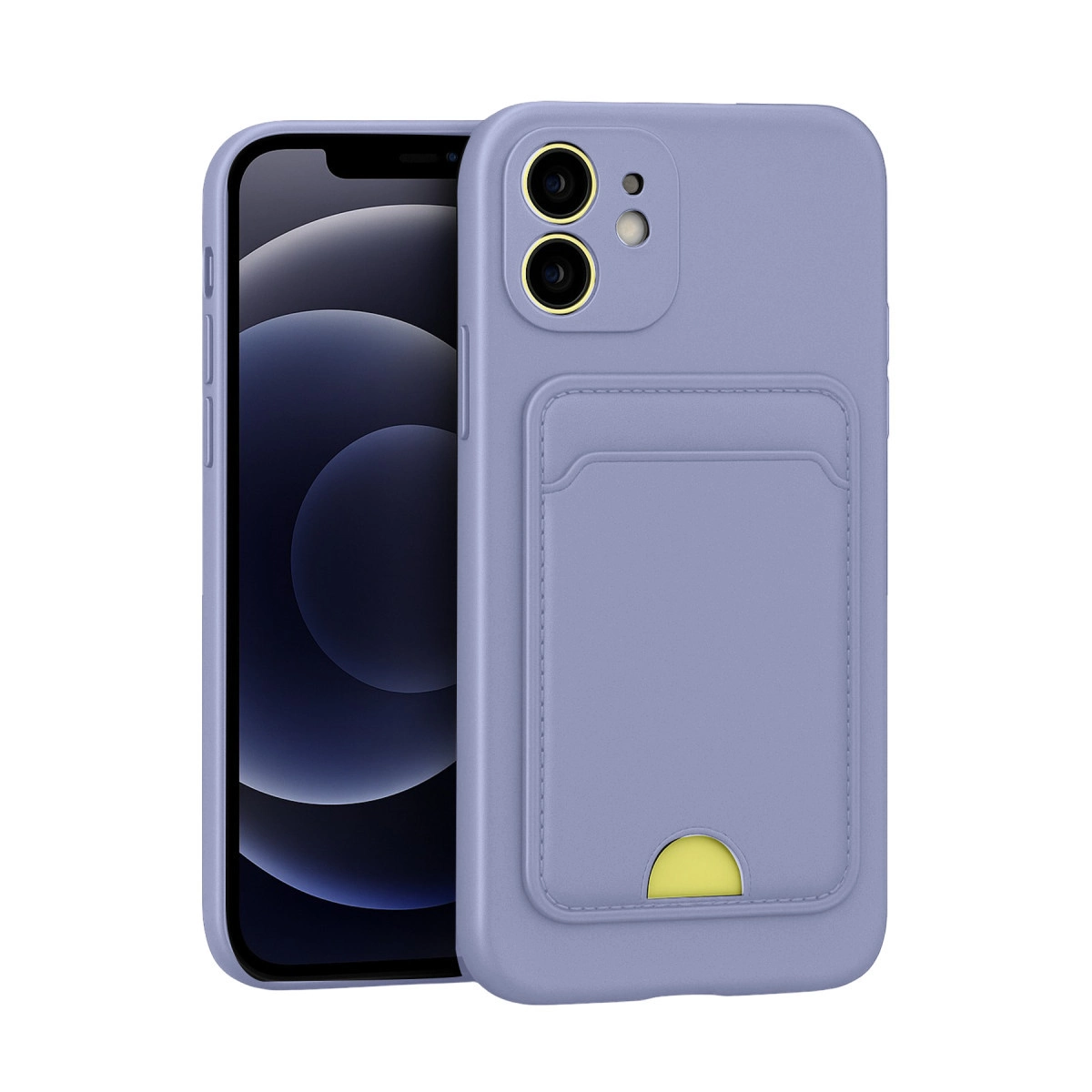Kamera modüllü ve kart tutuculu mor telefon kılıfı.