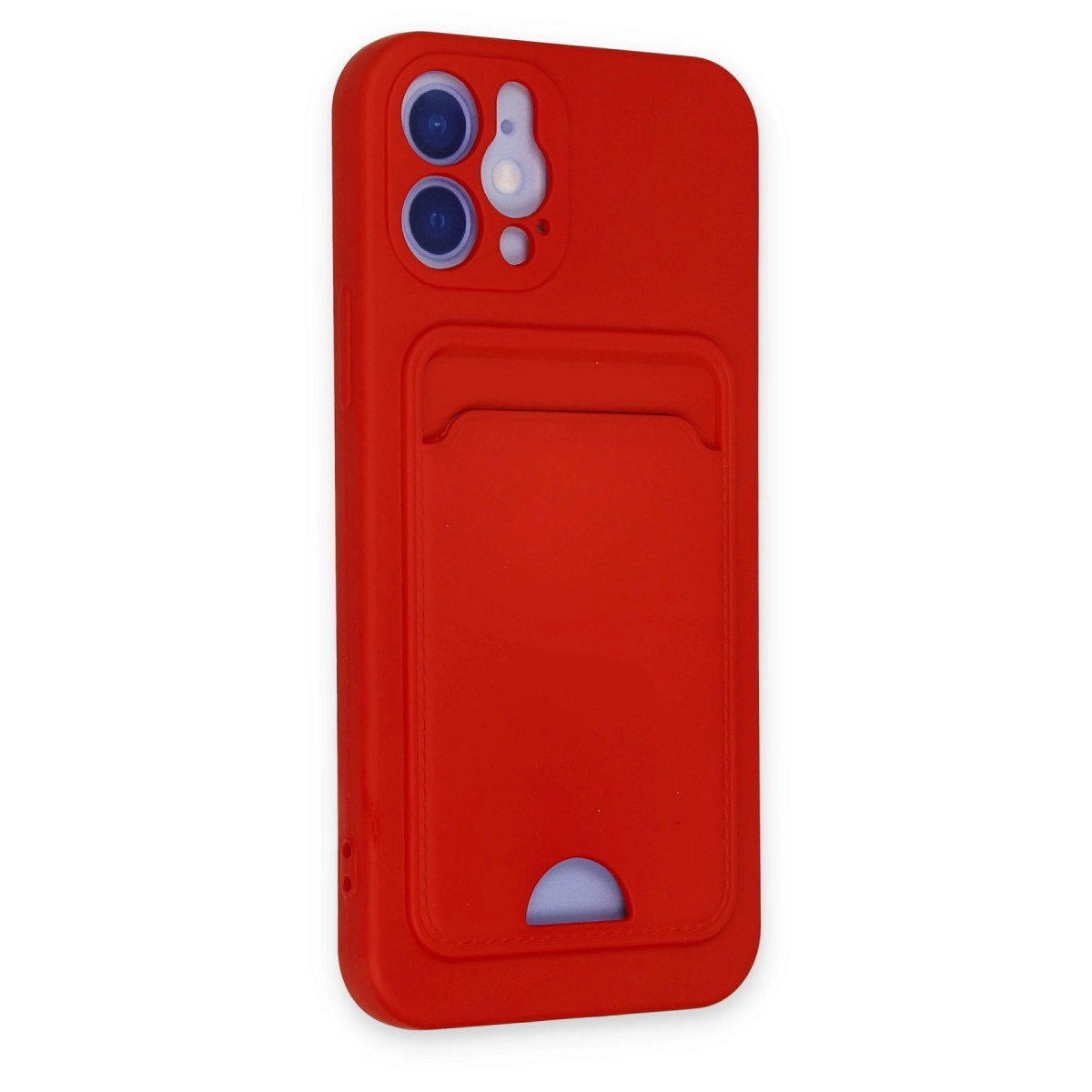Kart yuvalı ve kamera kesimli kırmızı telefon kılıfı.