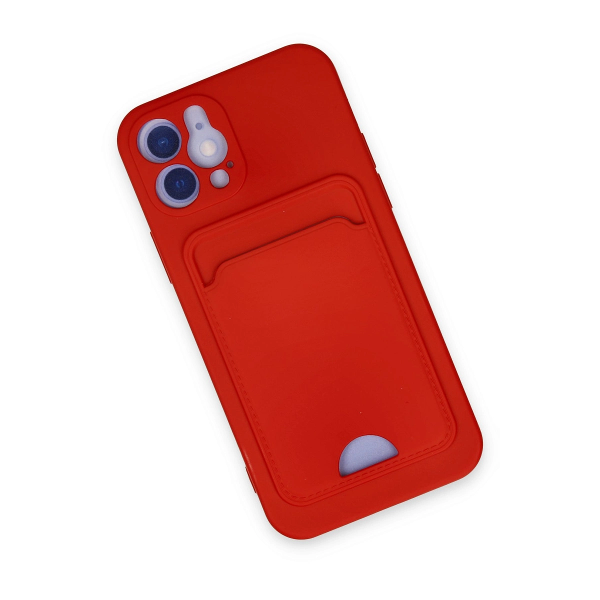 Kamera oyuntulu ve kart bölmeli kırmızı telefon kılıfı, beyaz zeminde.