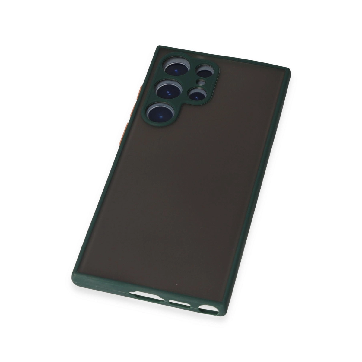 Beyaz arka plan üzerinde yeşil kamera çerçeveli koyu kahverengi telefon.