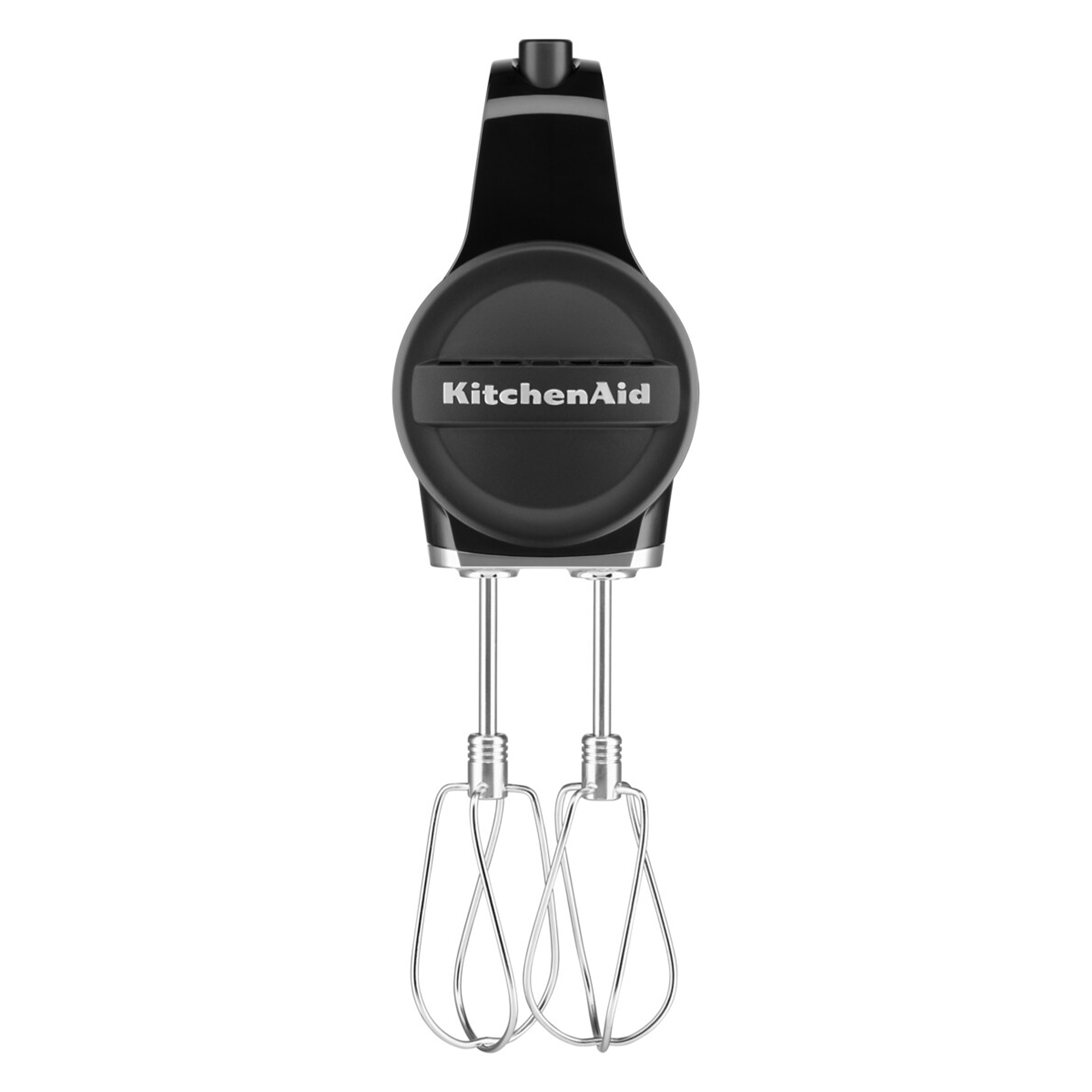 İki gümüş çırpıcılı siyah KitchenAid el mikseri. Temiz arka plan.