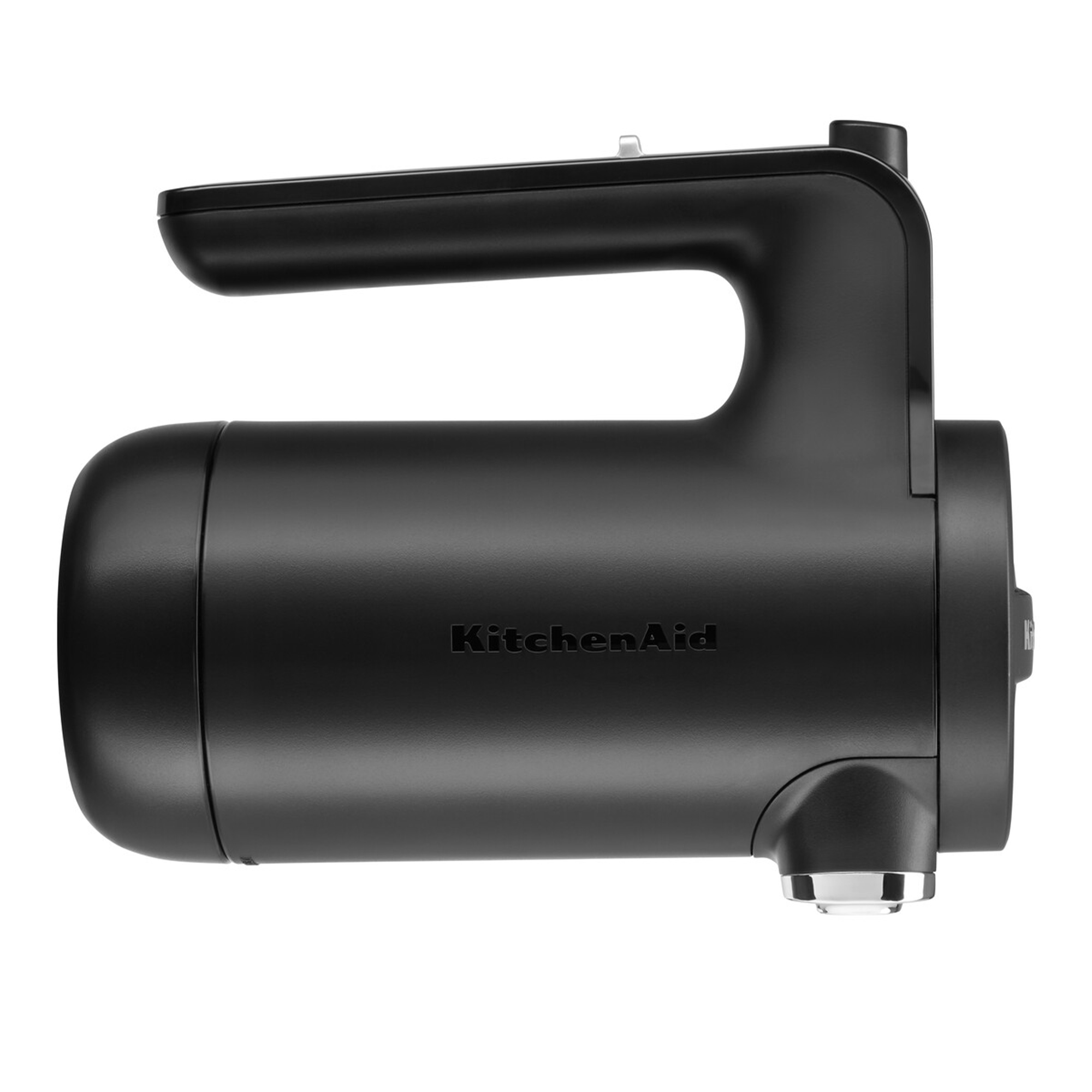 Gümüş aksanlı, siyah KitchenAid el mikseri.