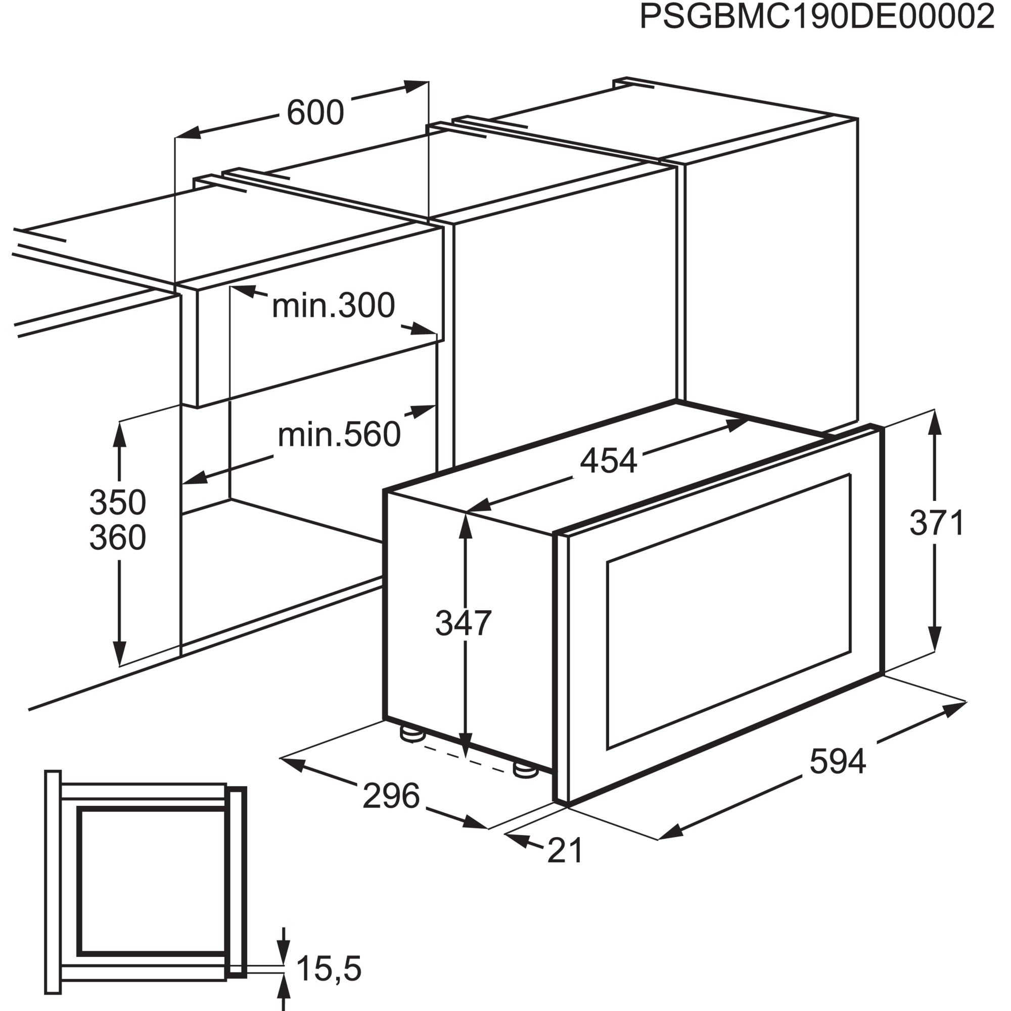 Disegno tecnico di un elettrodomestico da incasso con dimensioni e dettagli installazione.