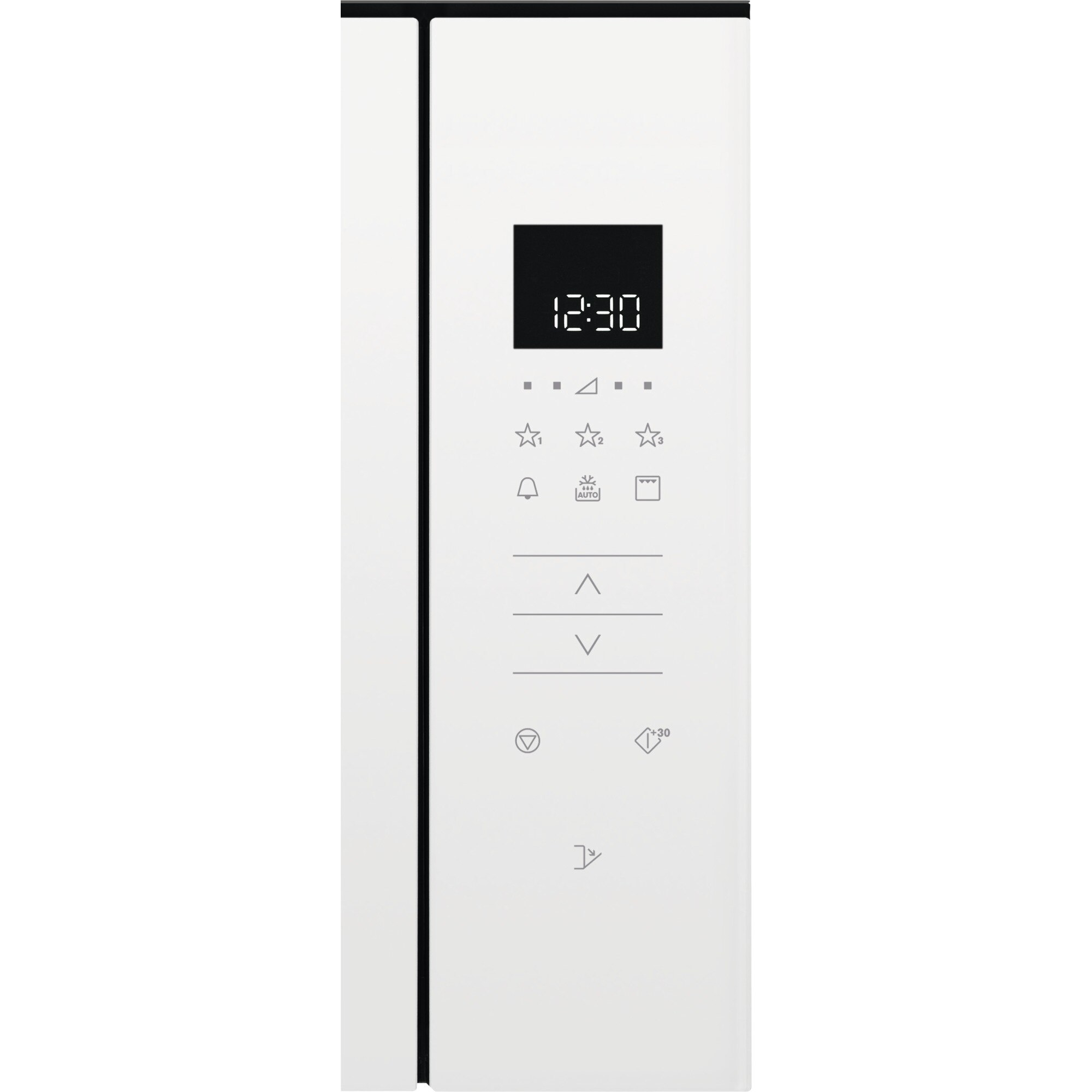 Pannello di controllo bianco microonde con orologio digitale e icone.