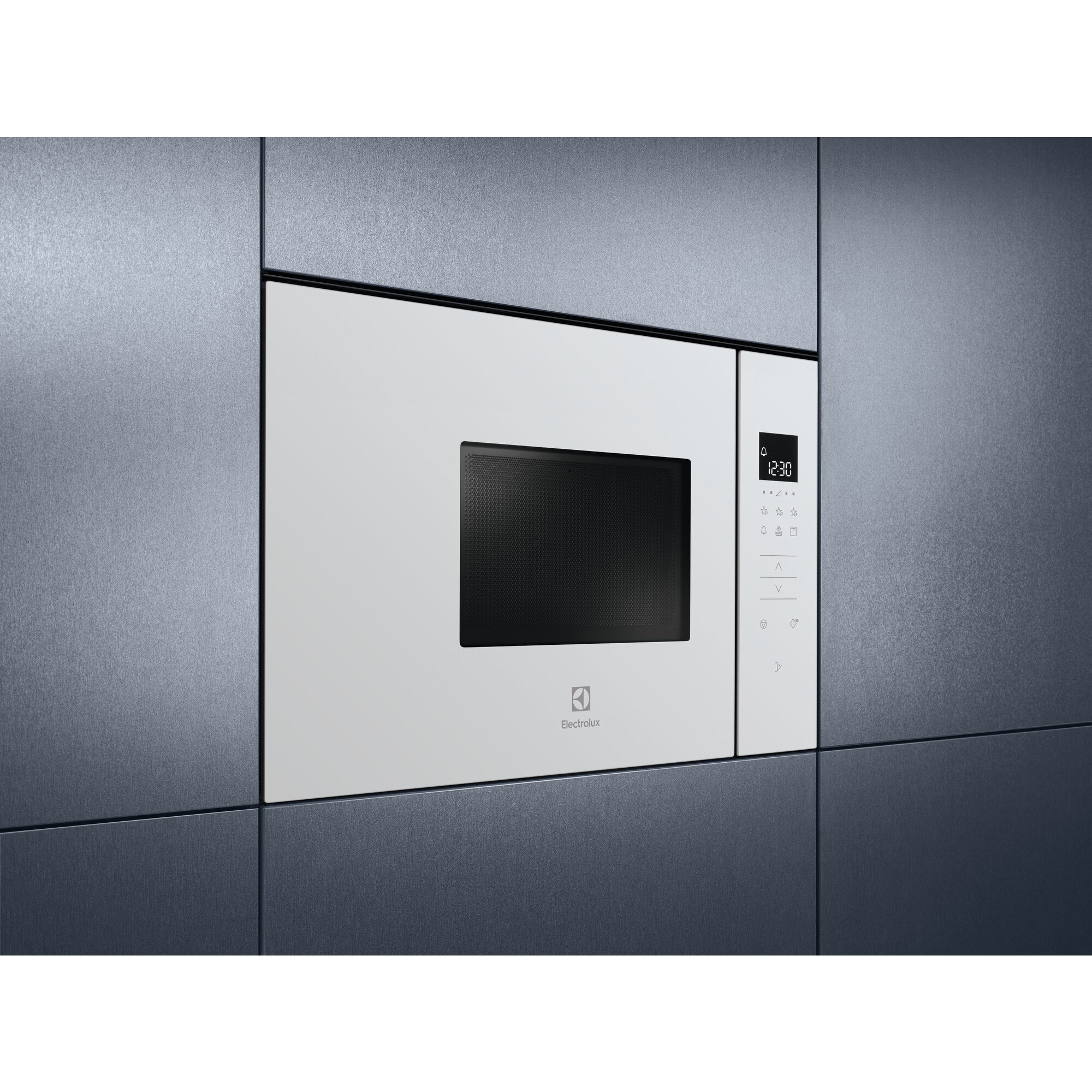 Un forno a microonde da incasso bianco con porta nera e display digitale.